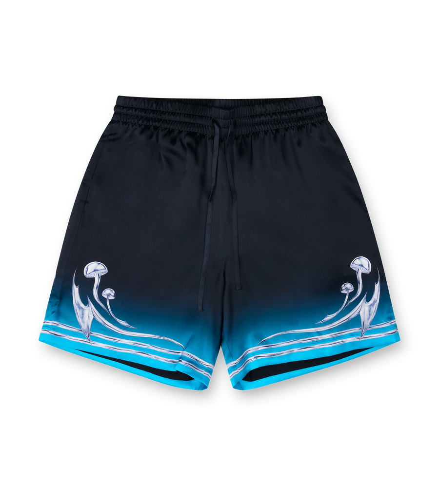 Black Casablanca shorts with blue gradient and blade designs