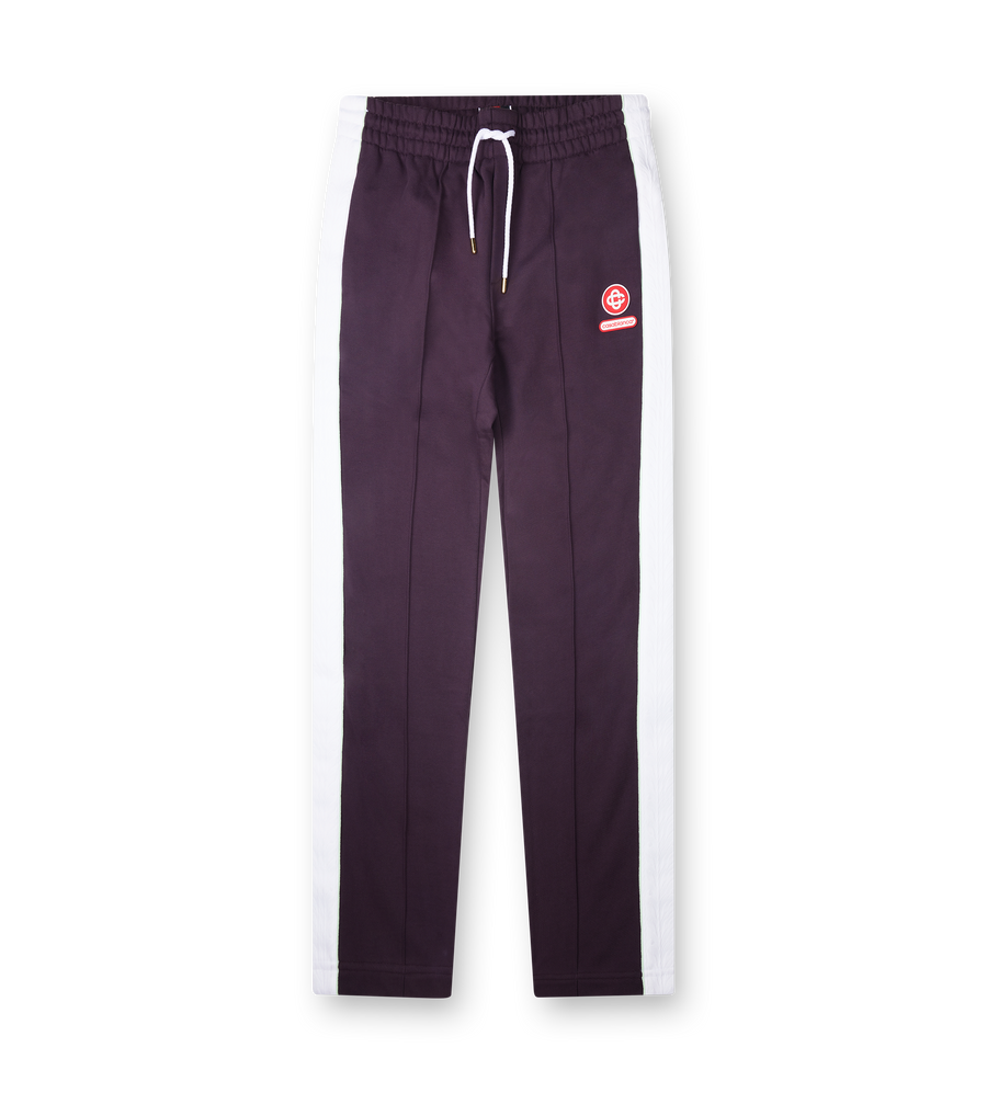 Burgundy Casablanca joggers with a white stripe on a white background