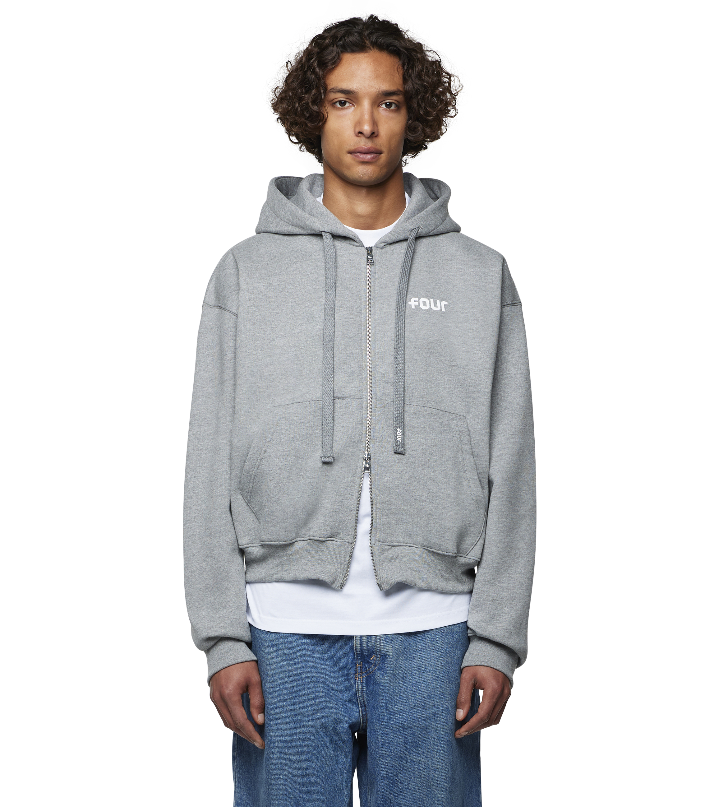 Logo Boxy Zip Up Hoodie Grey Melange