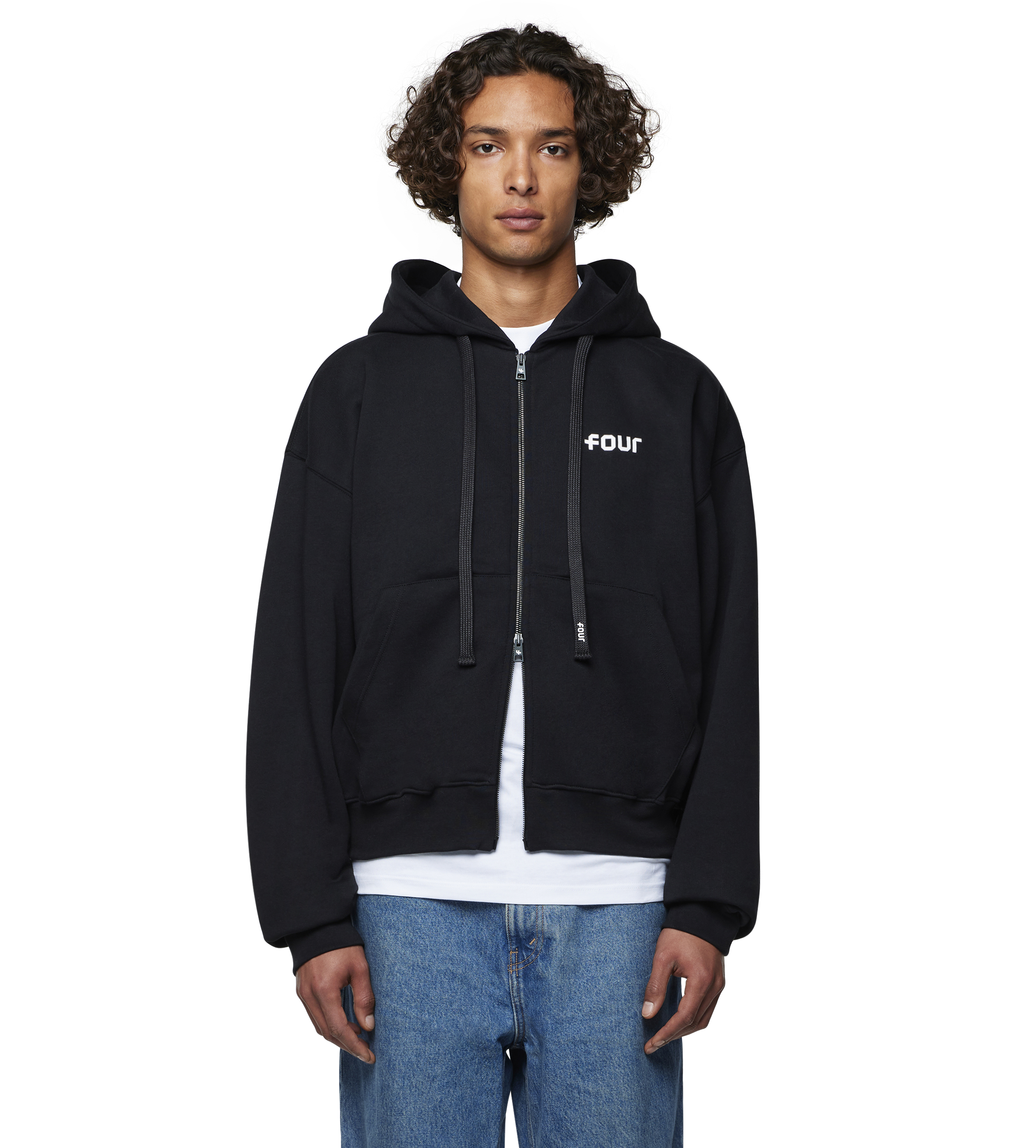 Logo Boxy Zip Up Hoodie Black