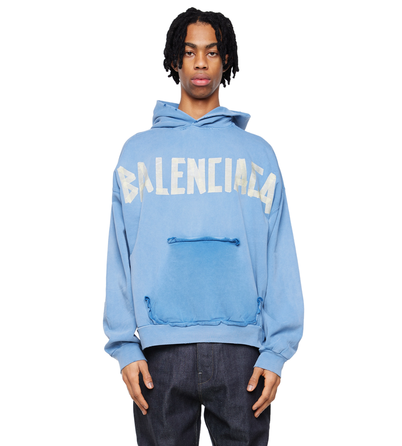 Tape Type Ripped Pocket Hoodie Blue - L