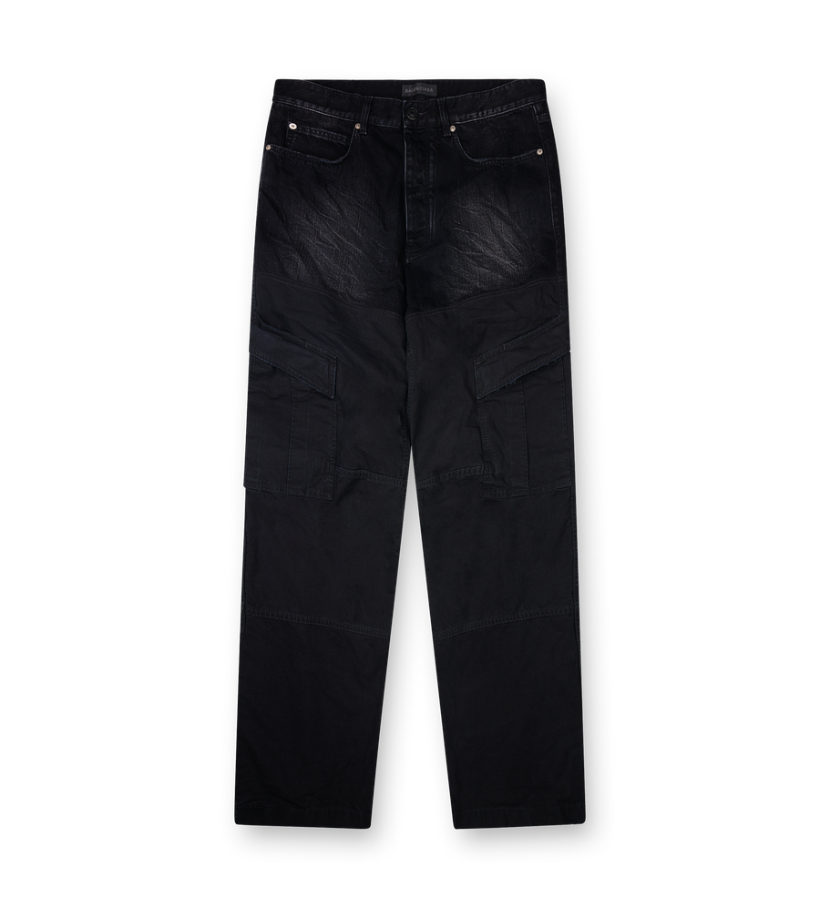 Balenciaga FW25 patched pants in black fade-out with paneled construction, cargo pockets and straight leg fit