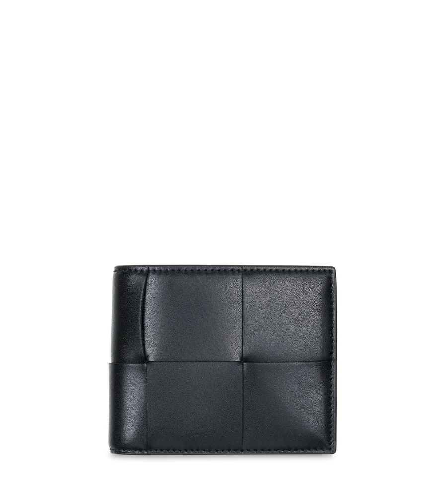 Bottega Veneta Cassette Bi-Fold Wallet in black Intreccio-woven calfskin leather with card slots and bill compartment