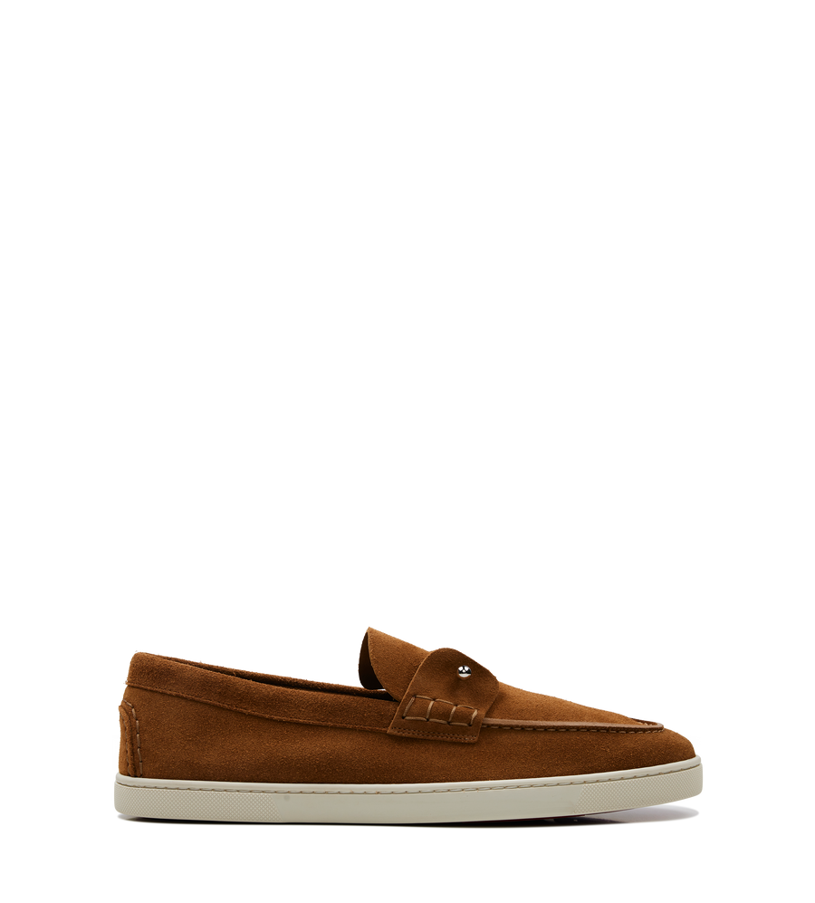 Christian Louboutin Chambeliboat boat shoes in Havane patinated calf leather with metal collar pin detail and beige rubber sole.