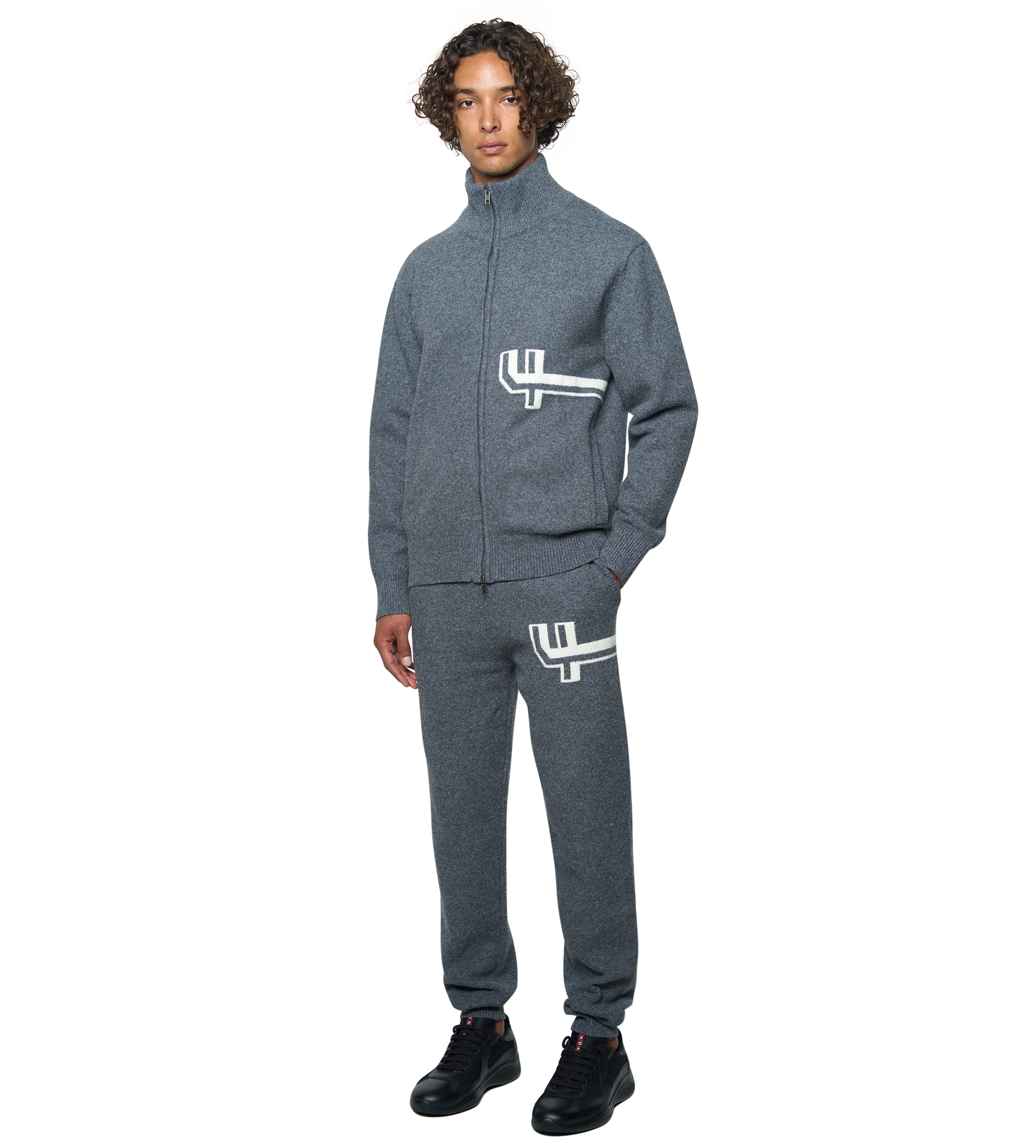 Knitted Zip Up Dark Grey/ White