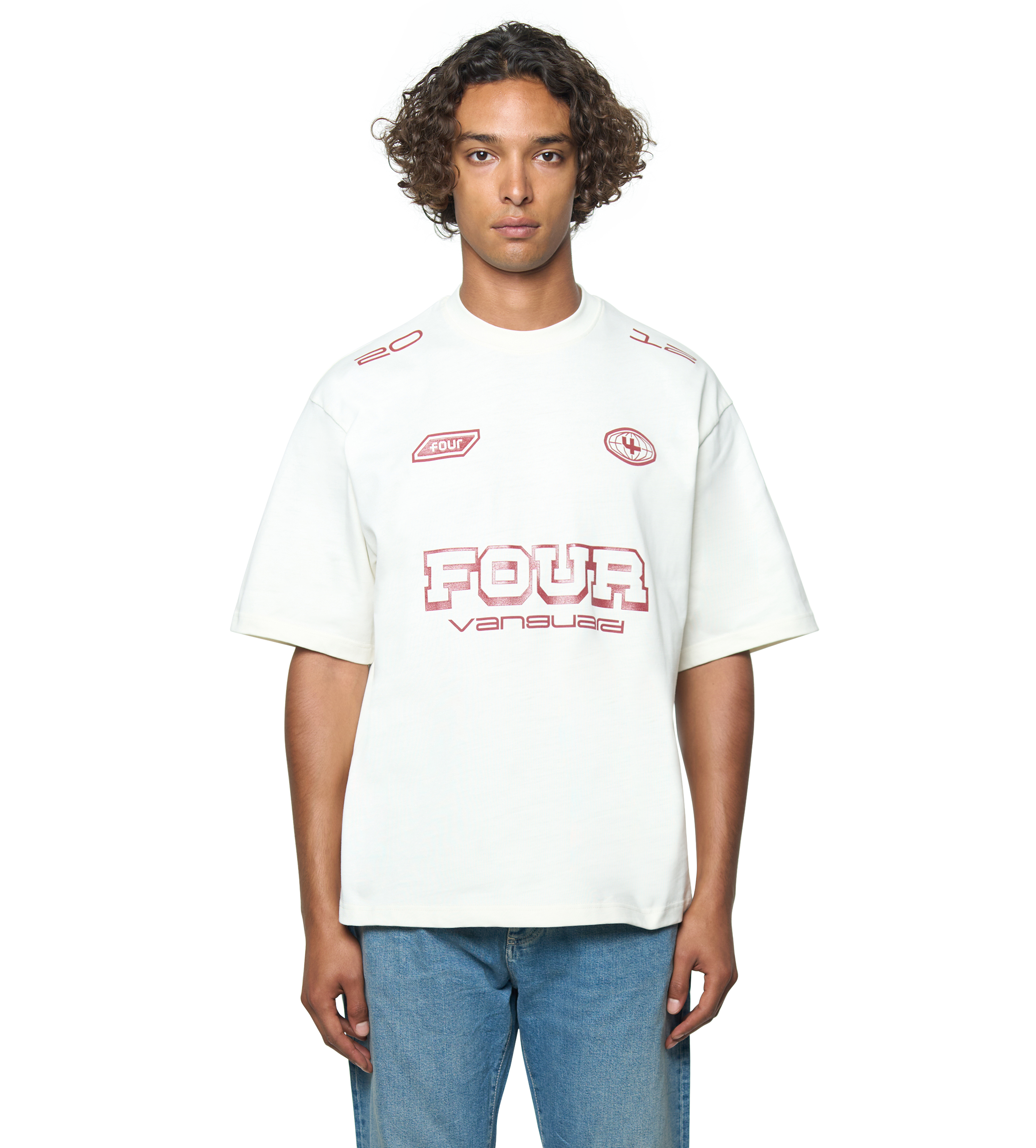 Person wearing a white t-shirt with red text and graphics on a white background