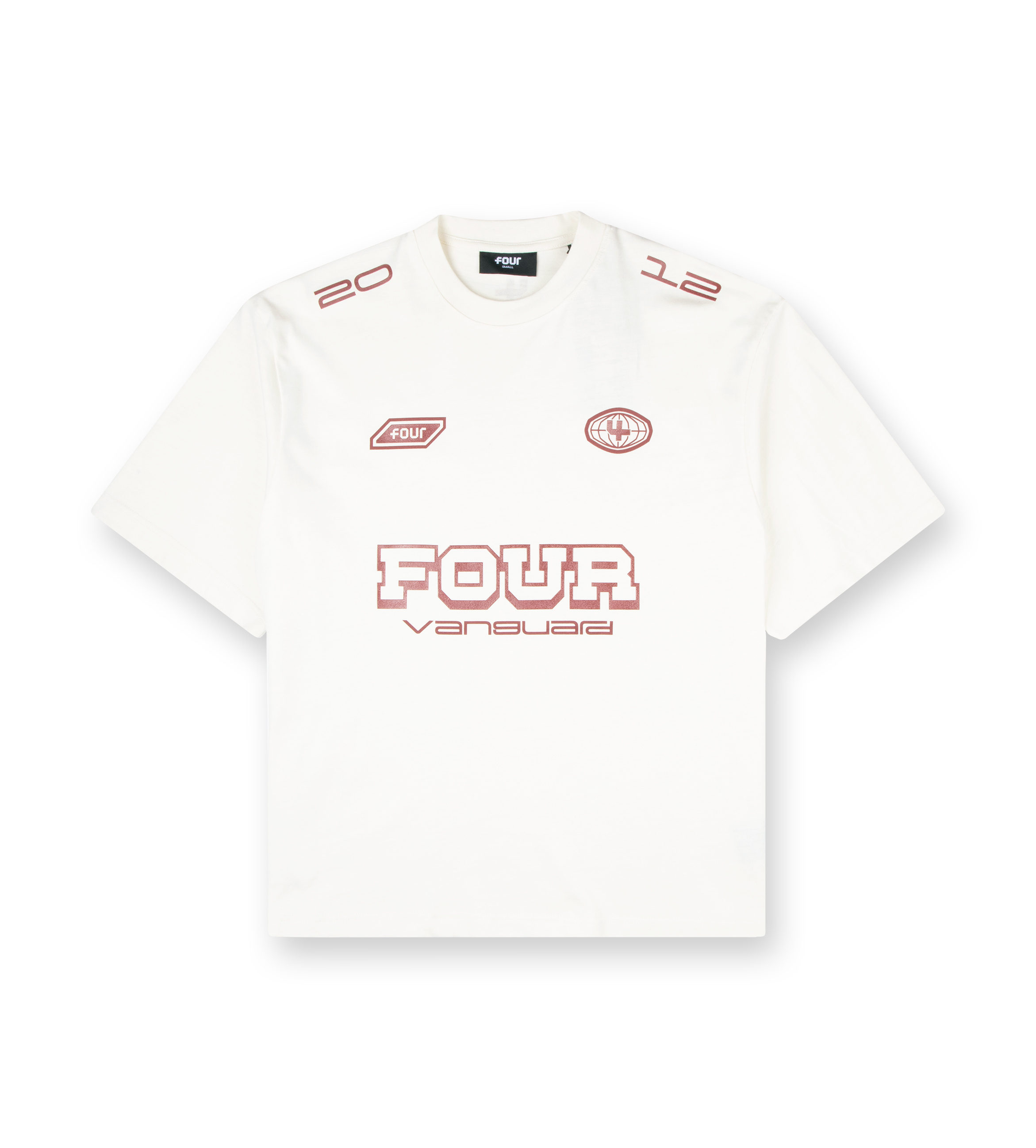 White t-shirt with red and black graphics on a white background