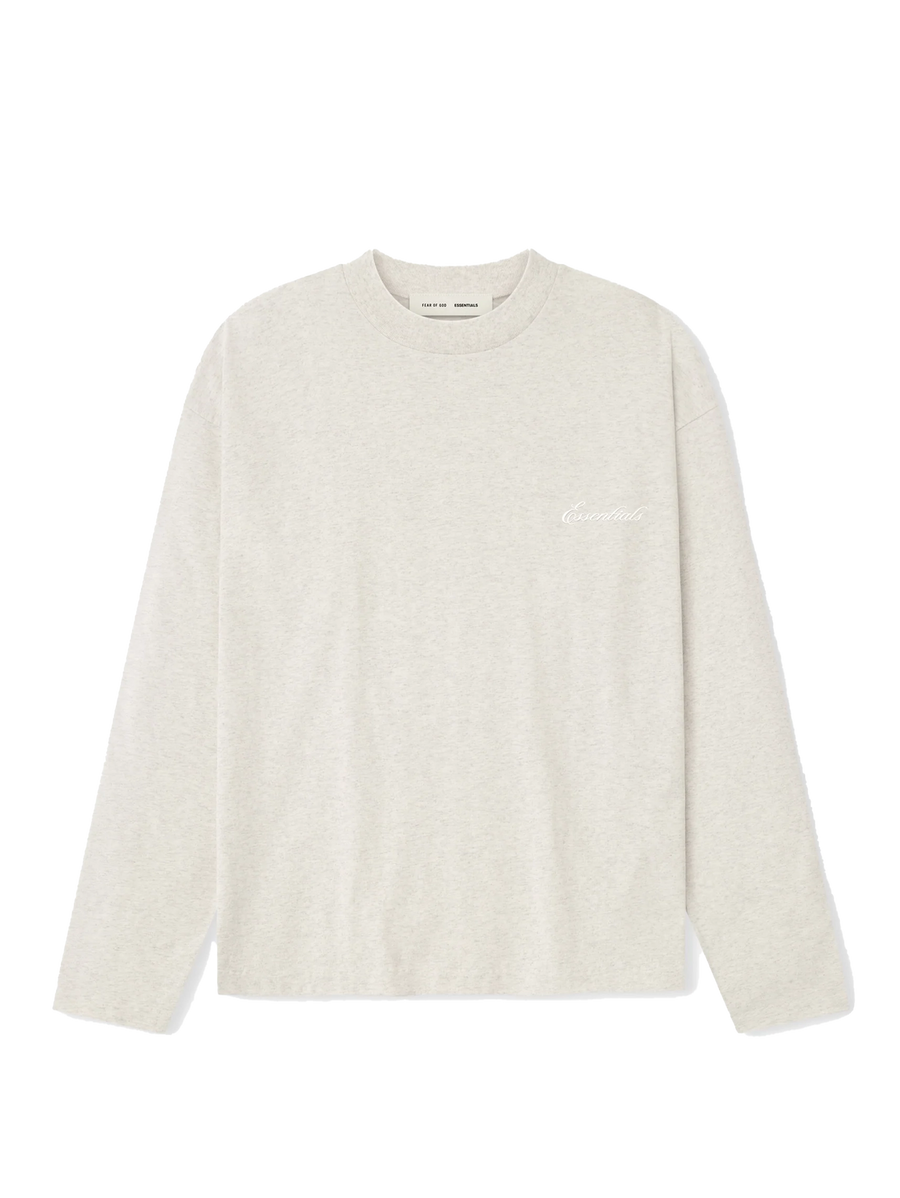 Fear of God Essentials Embroidered Classic Long Sleeve Tee in Oatmeal Heather