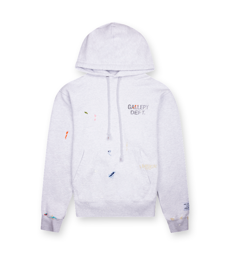 Gallery Dept GD Paint Logo Hoodie in Light Heather Grey — front and back view showing paint splatters, faded texture, and printed GD English logos.