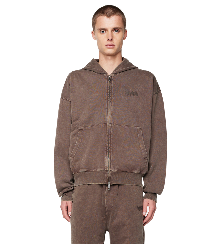 Circles Boxy hoodie met rits, bruin gewassen