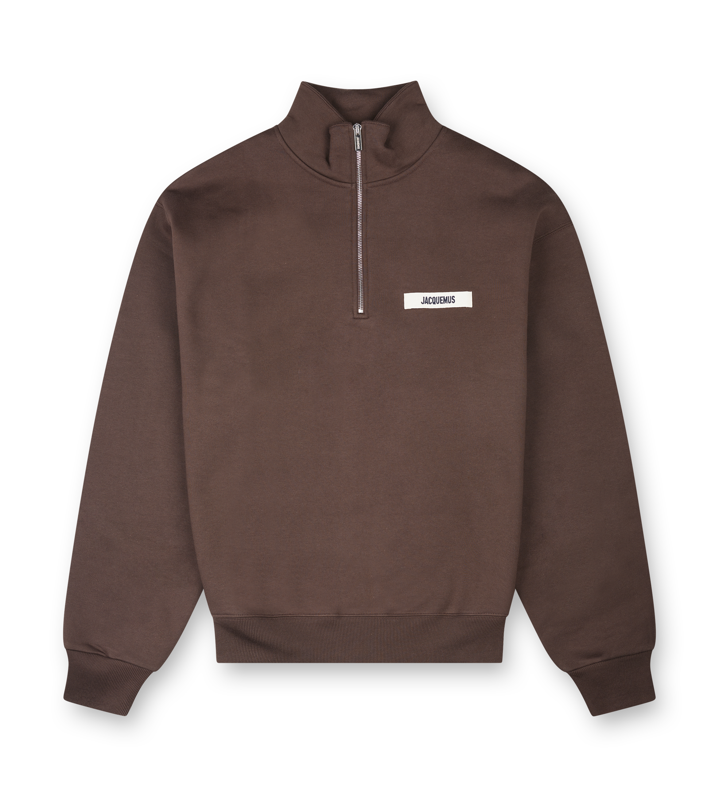 Brown half-zip sweatshirt with a brand logo on a white background