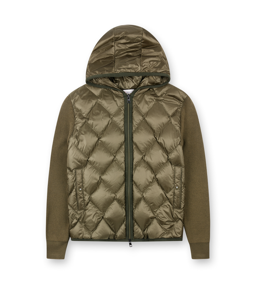 Moncler Contrast-Knit Hooded Shell-Down Cardigan in Green