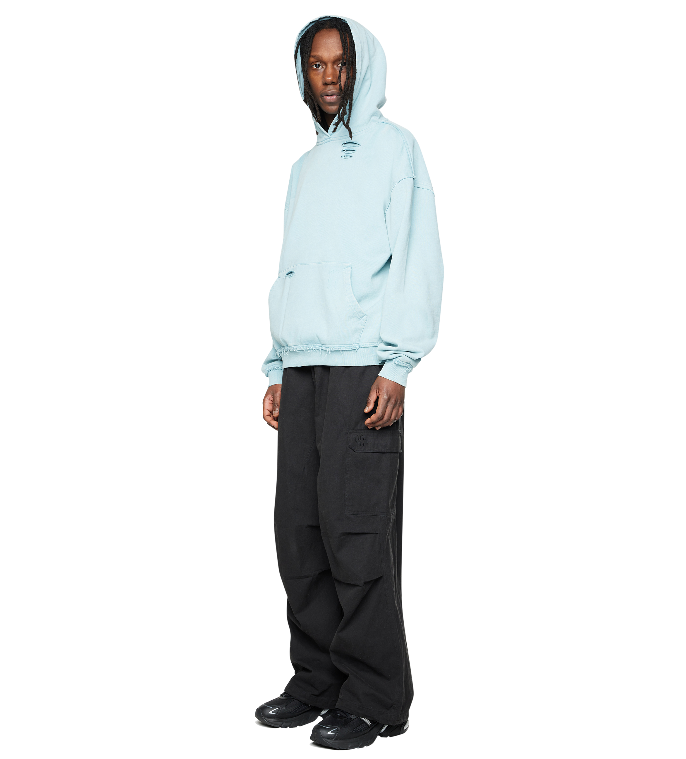 Destroyed Hoodie Washed Aqua Gray