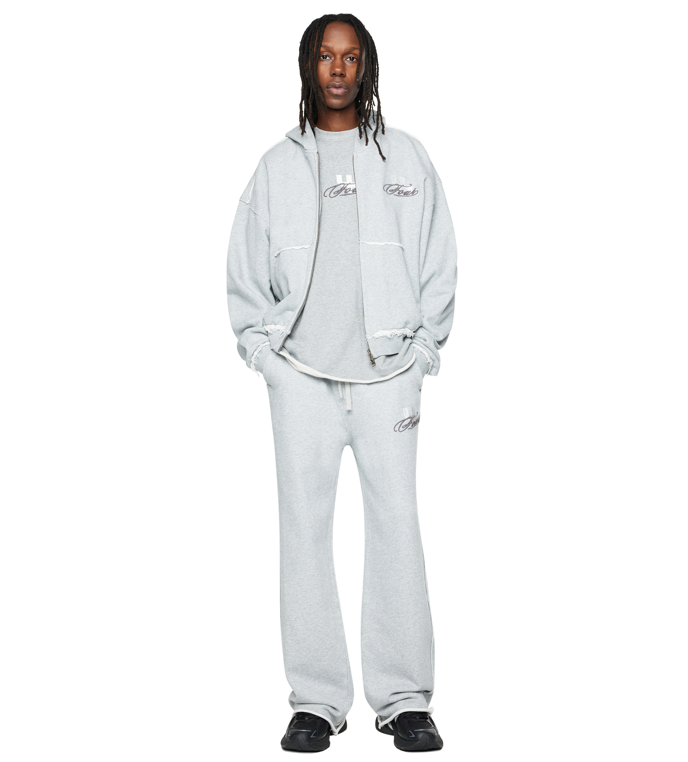 Raw Edge Zip Up Hoodie Grey Melange