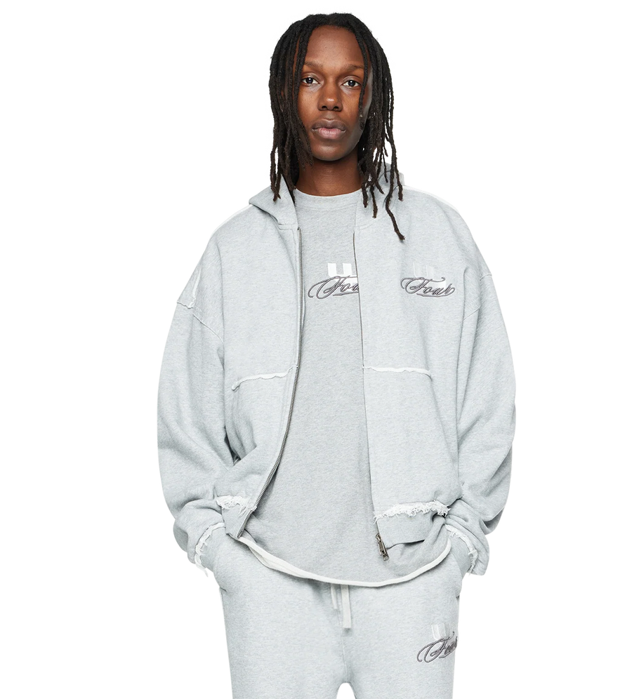 Raw Edge Zip Up Hoodie Grey Melange