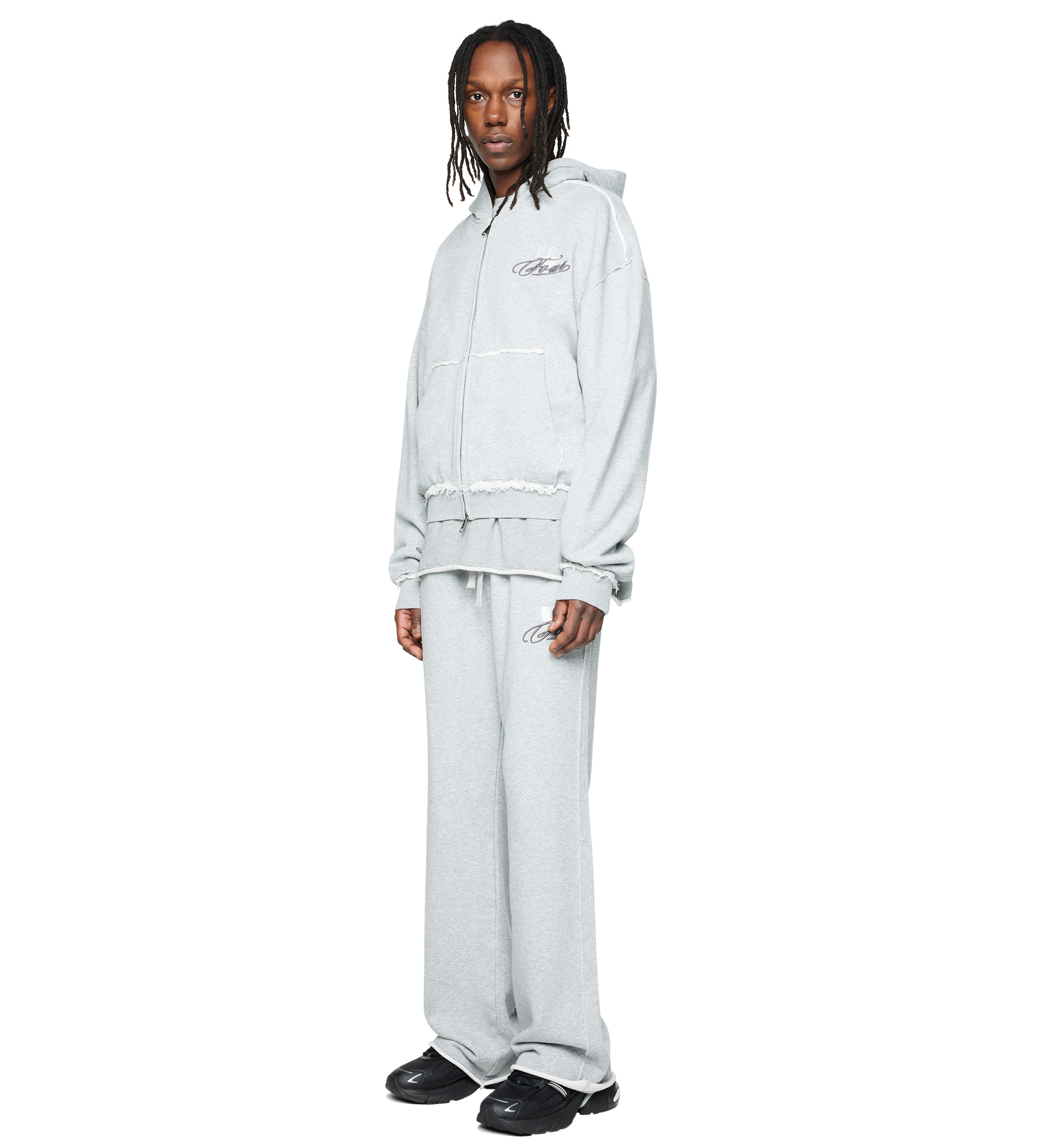 Raw Edge Zip Up Hoodie Grey Melange