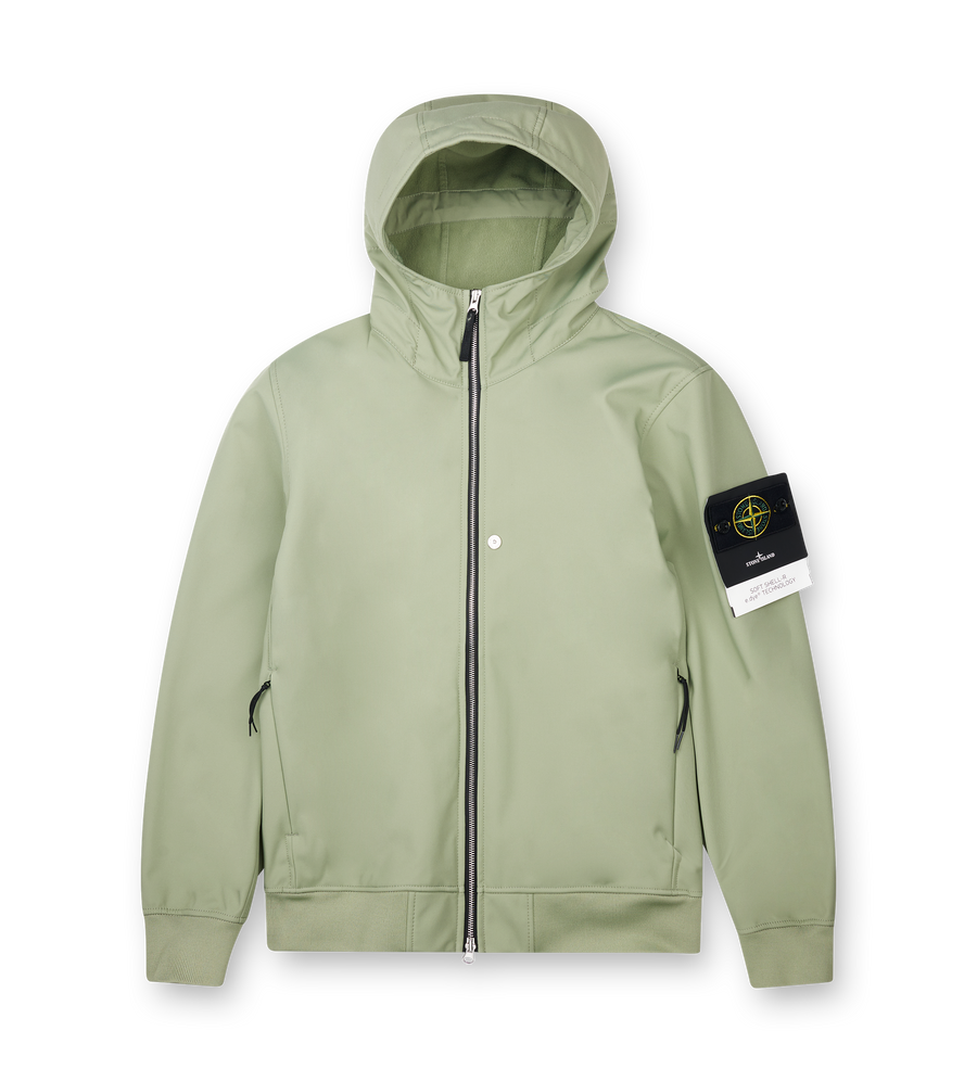 Stone Island sage green Micro Twill hooded jacket with drawstring hood, two-way zip fastening and detachable logo badge