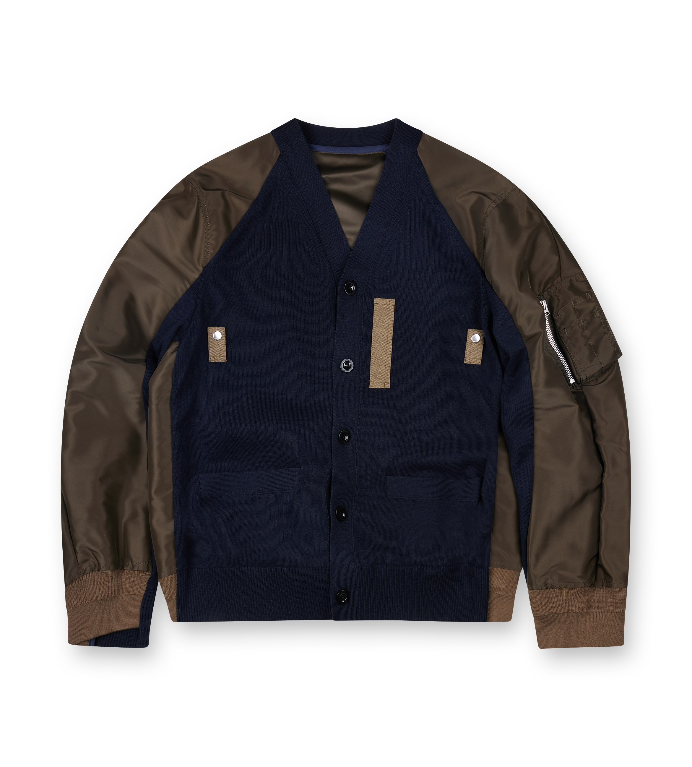 Sacai Nylon Twill x Knit Cardigan in Navy / Dark Khaki