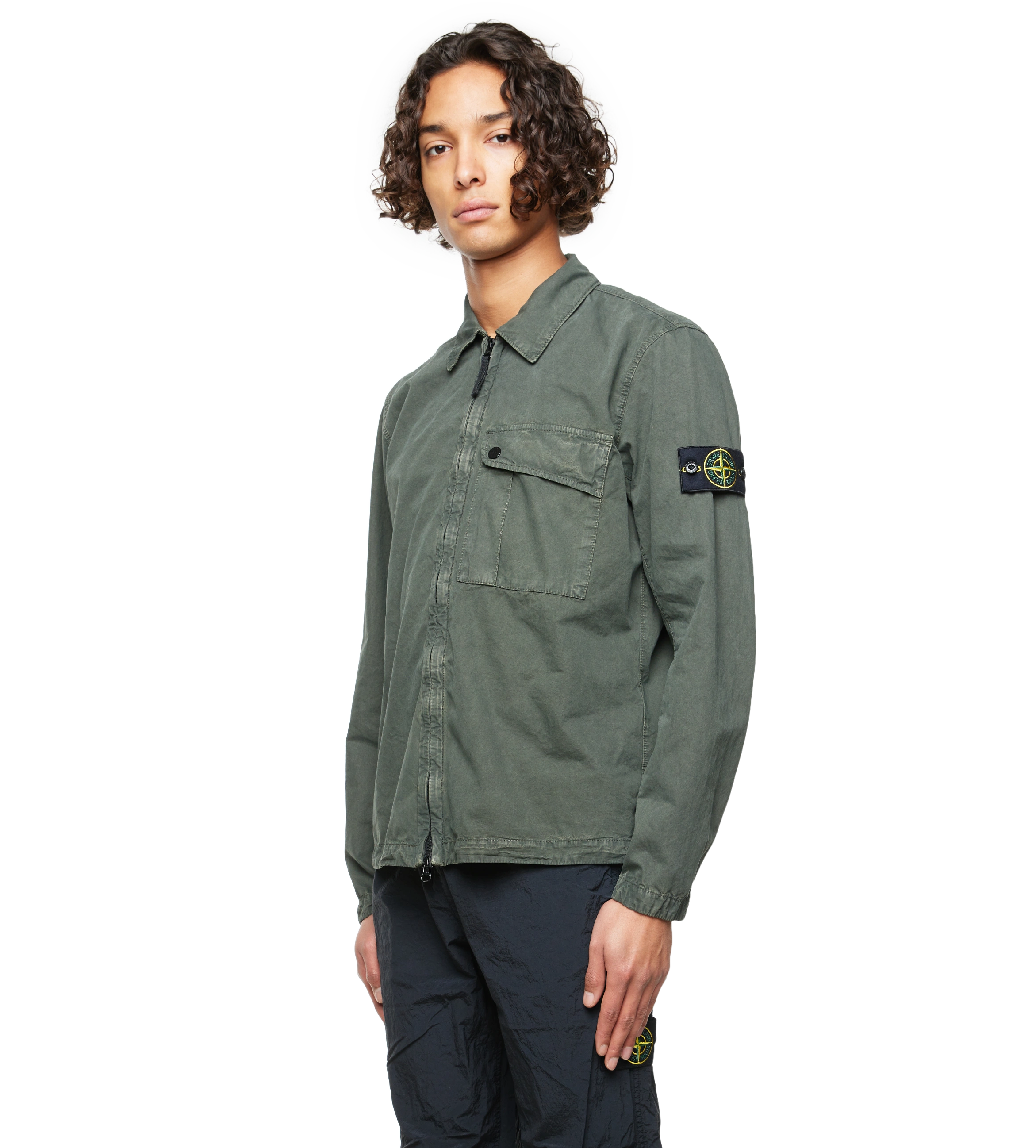 Compass-Patch Zip-up Shirt Green