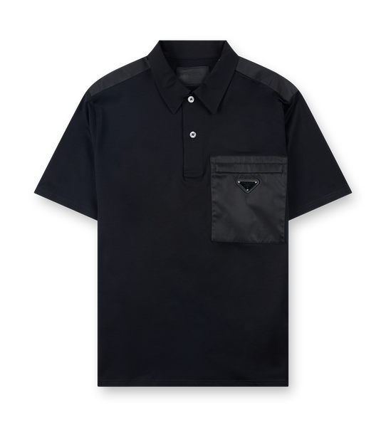 Prada Stretch Cotton Polo Shirt with Re-Nylon Details in Black