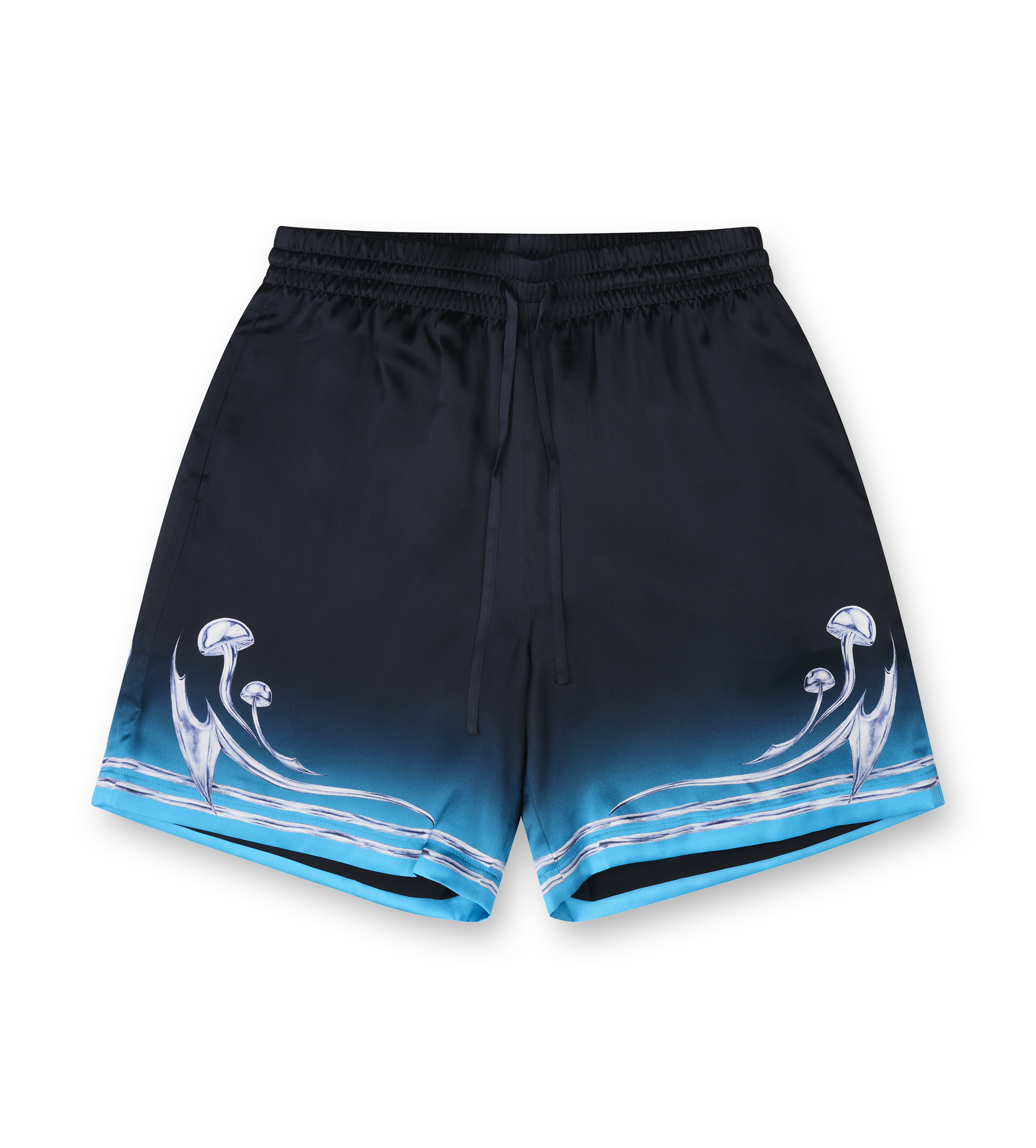 Black Casablanca shorts with blue gradient and blade designs