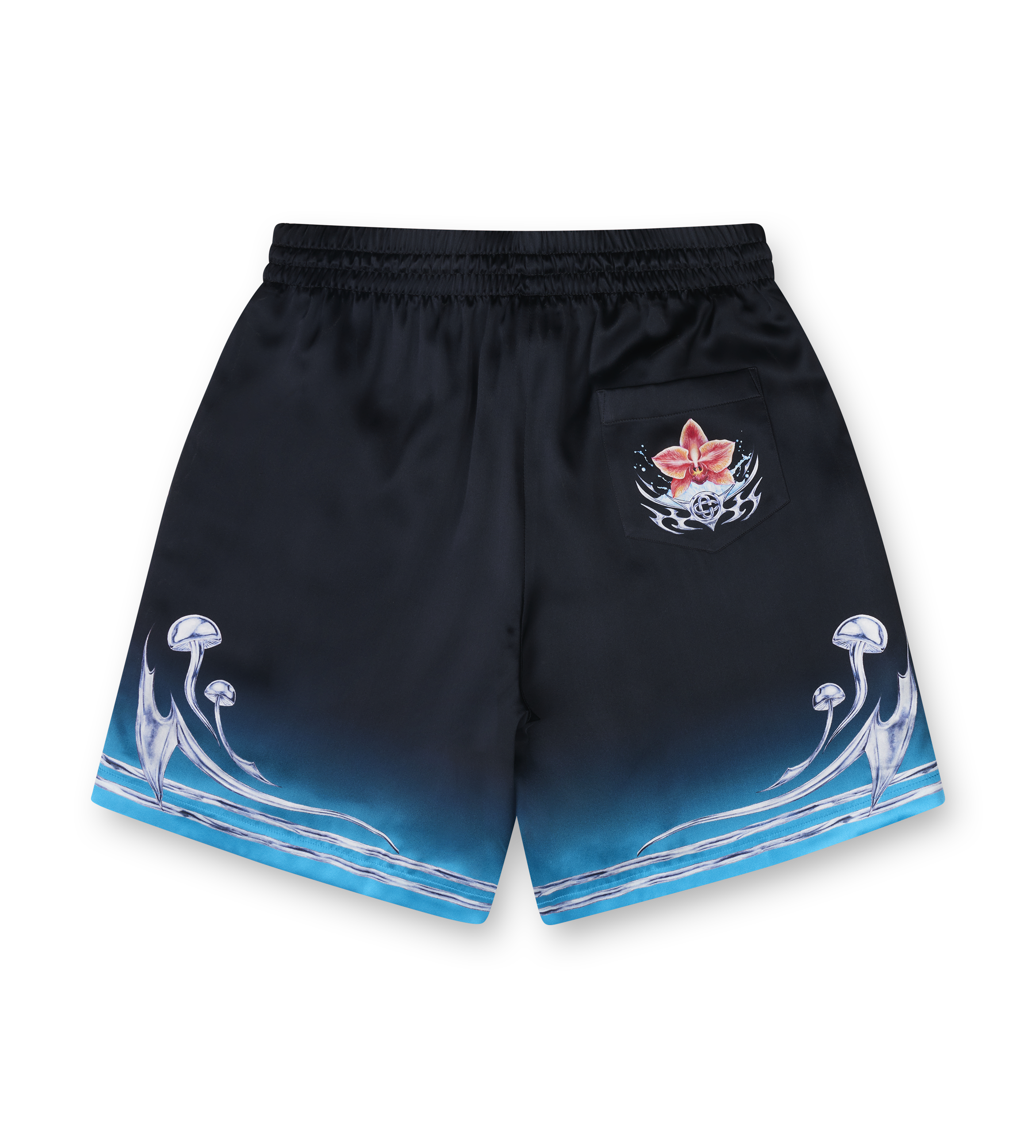 Black Casablanca shorts with blue gradient and blade designs