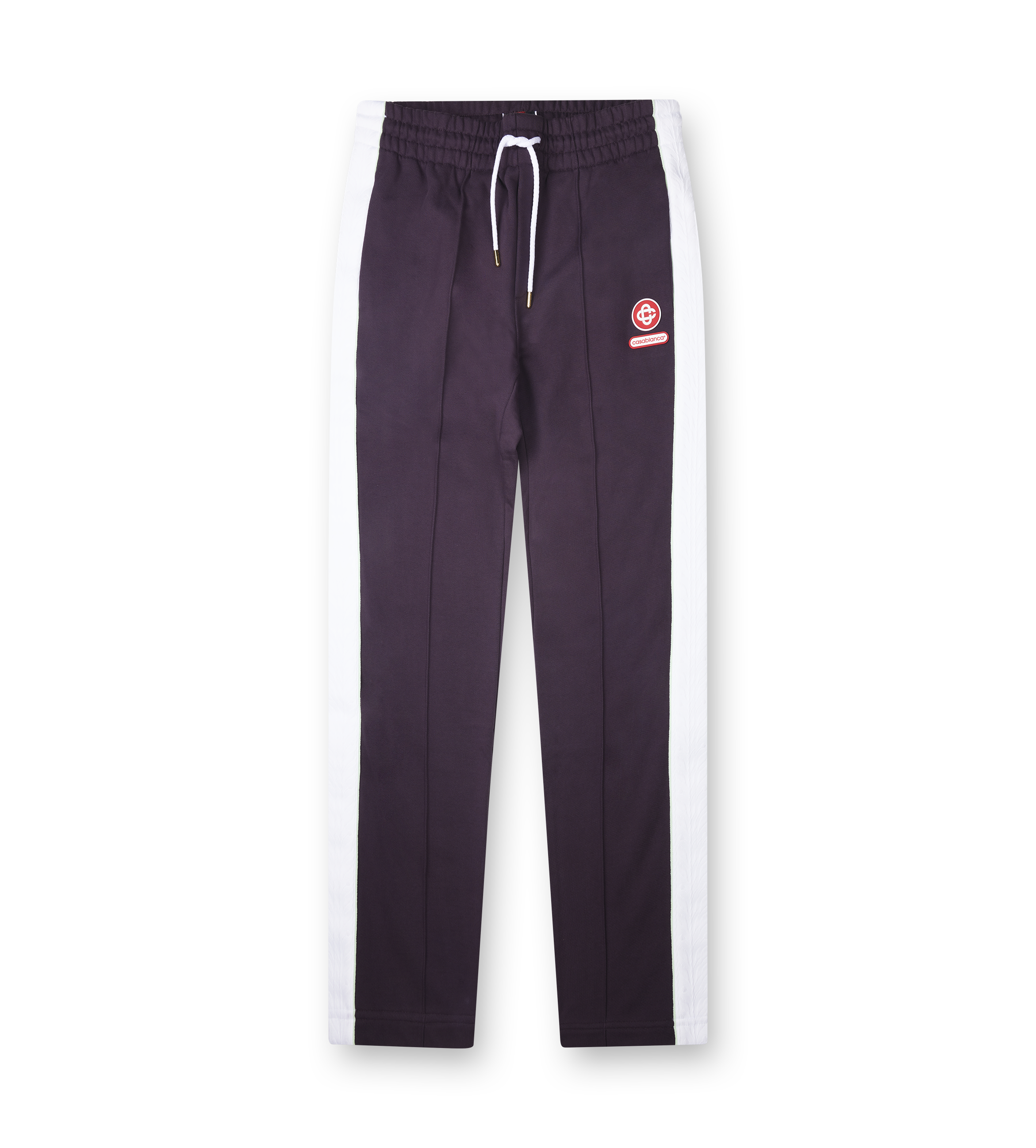Burgundy Casablanca joggers with a white stripe on a white background