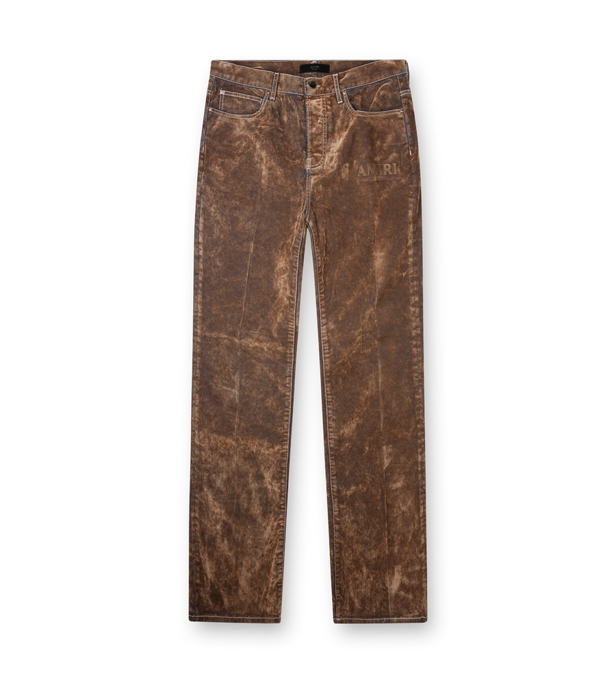 AMIRI Embroidered Flare Jeans in Brown Velvet Denim