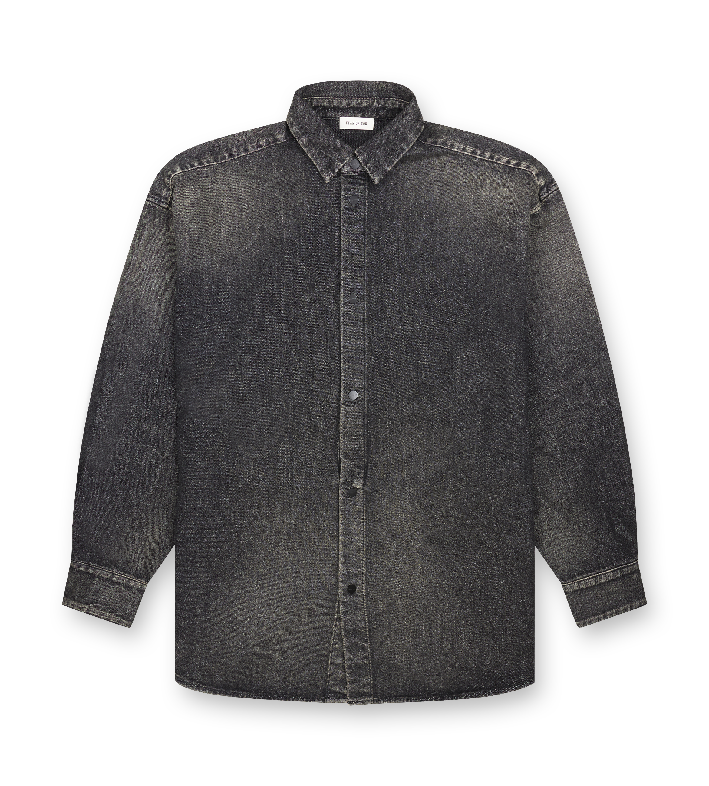 Fear of God Snap Front Overshirt in Stone-Washed Denim