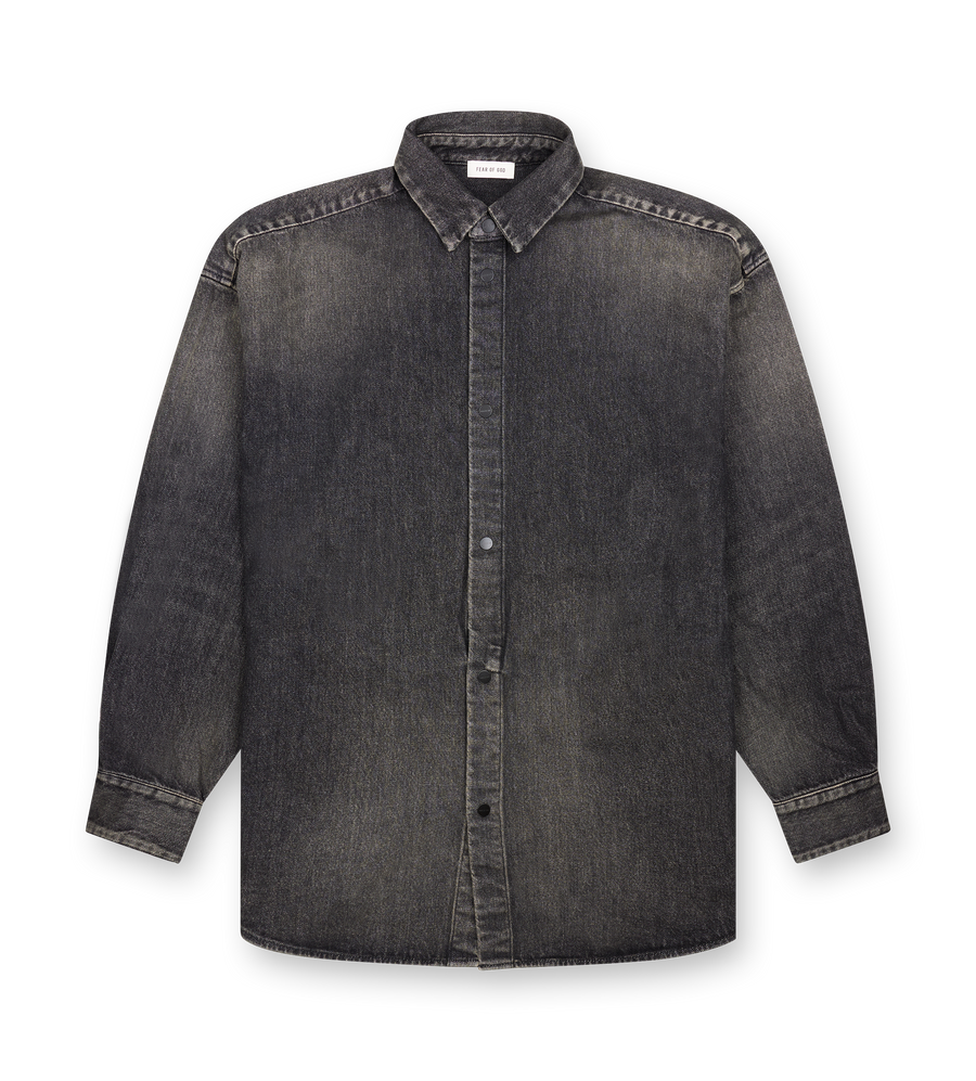 Fear of God Snap Front Overshirt in Stone-Washed Denim