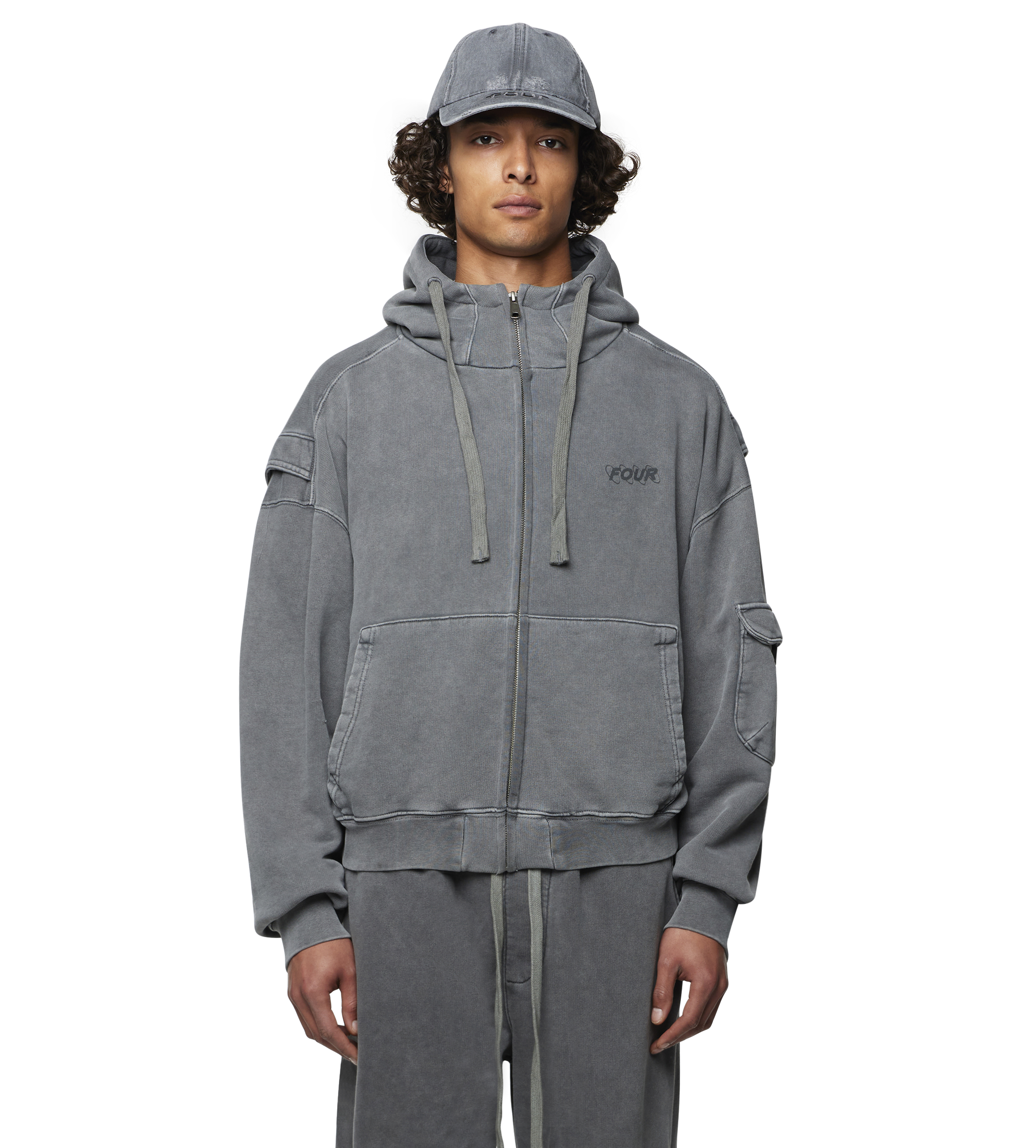 Circles Boxy Zip Up Hoodie Washed Mockingbird Grey
