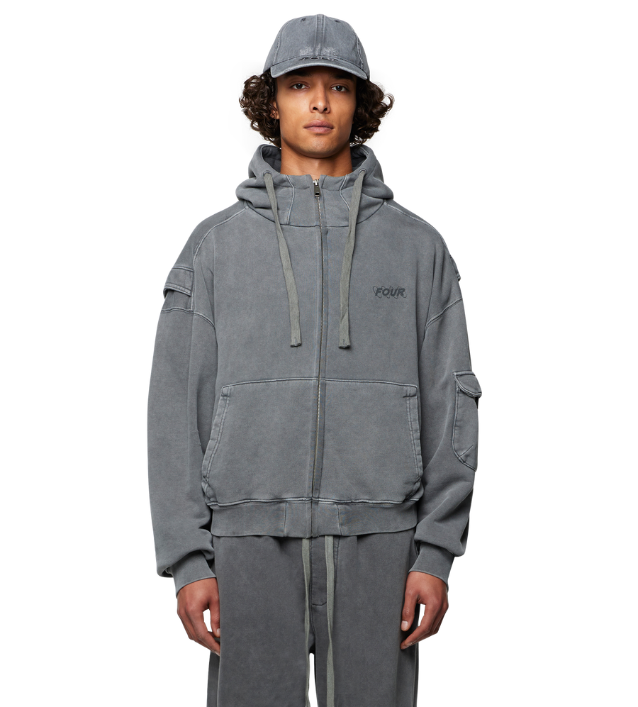 Circles Boxy Zip Up Hoodie Washed Mockingbird Grey