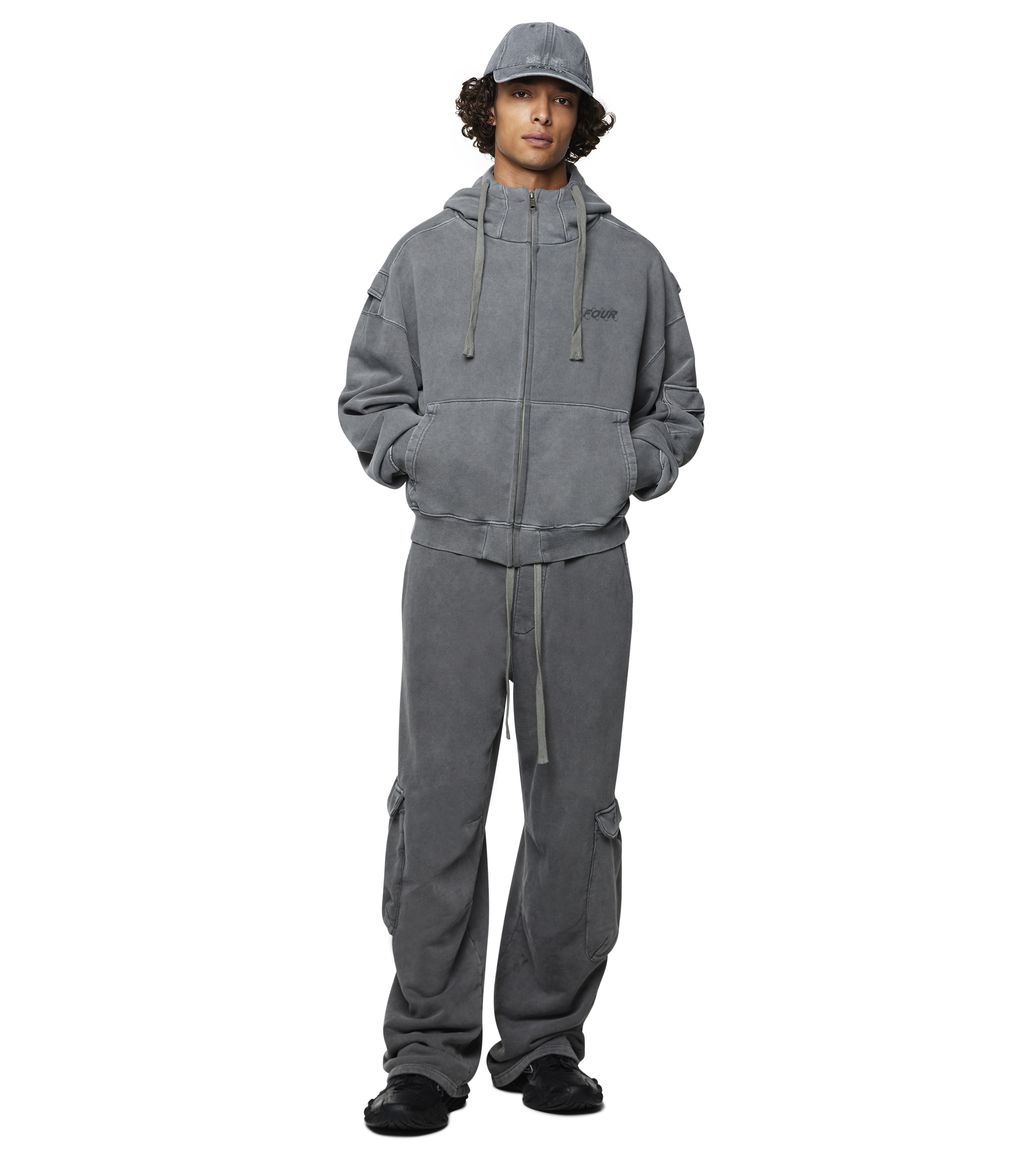 Circles Boxy Zip Up Hoodie Washed Mockingbird Grey