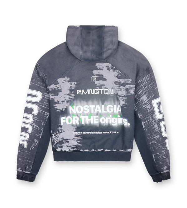 123 Rivington Origins CVA Hoodie in Mechanic Black with boxy fit and graphic prints on front, back and sleeves.