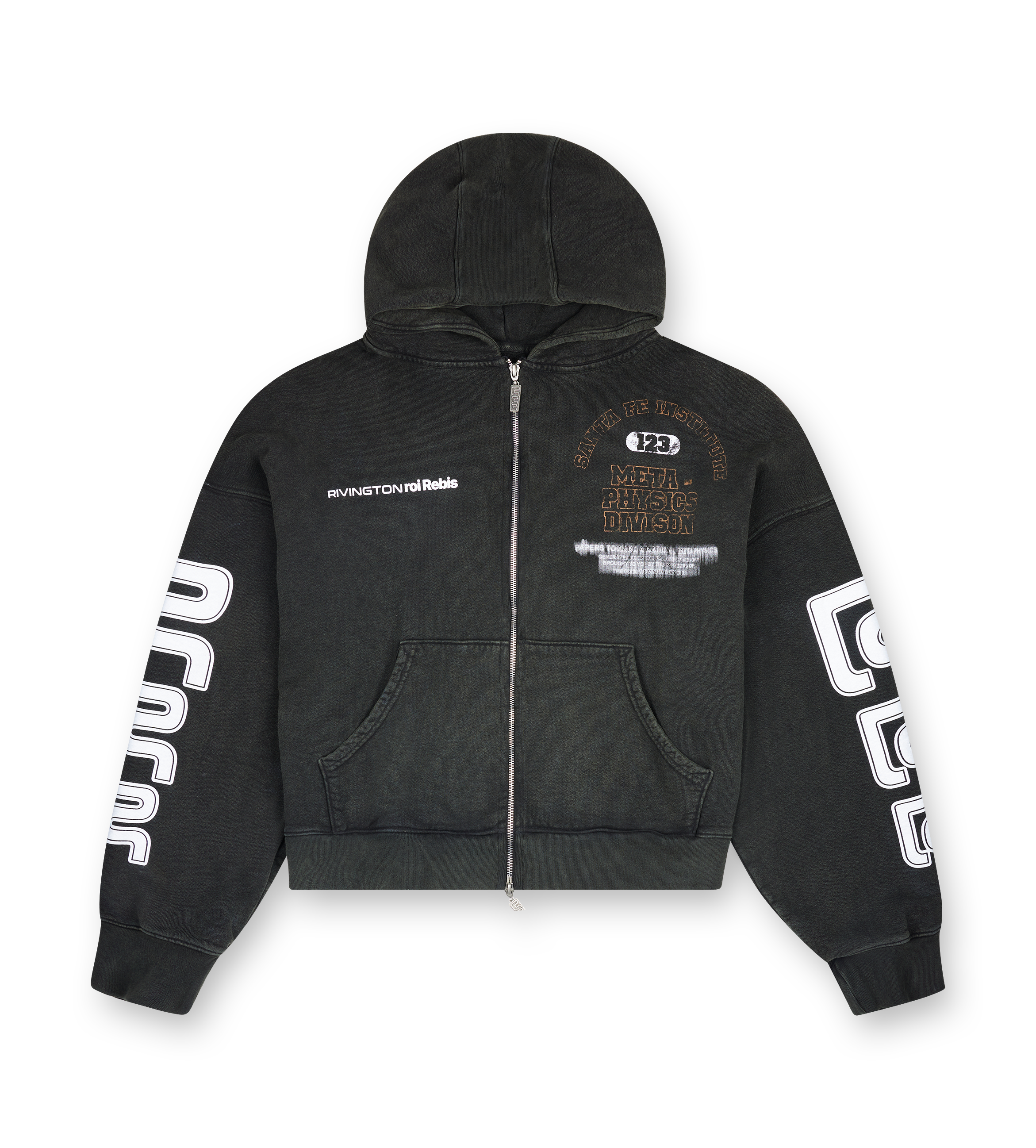 123 Rivington SF Institute CVA Zip Hoodie in Mechanic Black with oversized fit, acrylic screen print and custom Rivington Roi Rebis zipper.