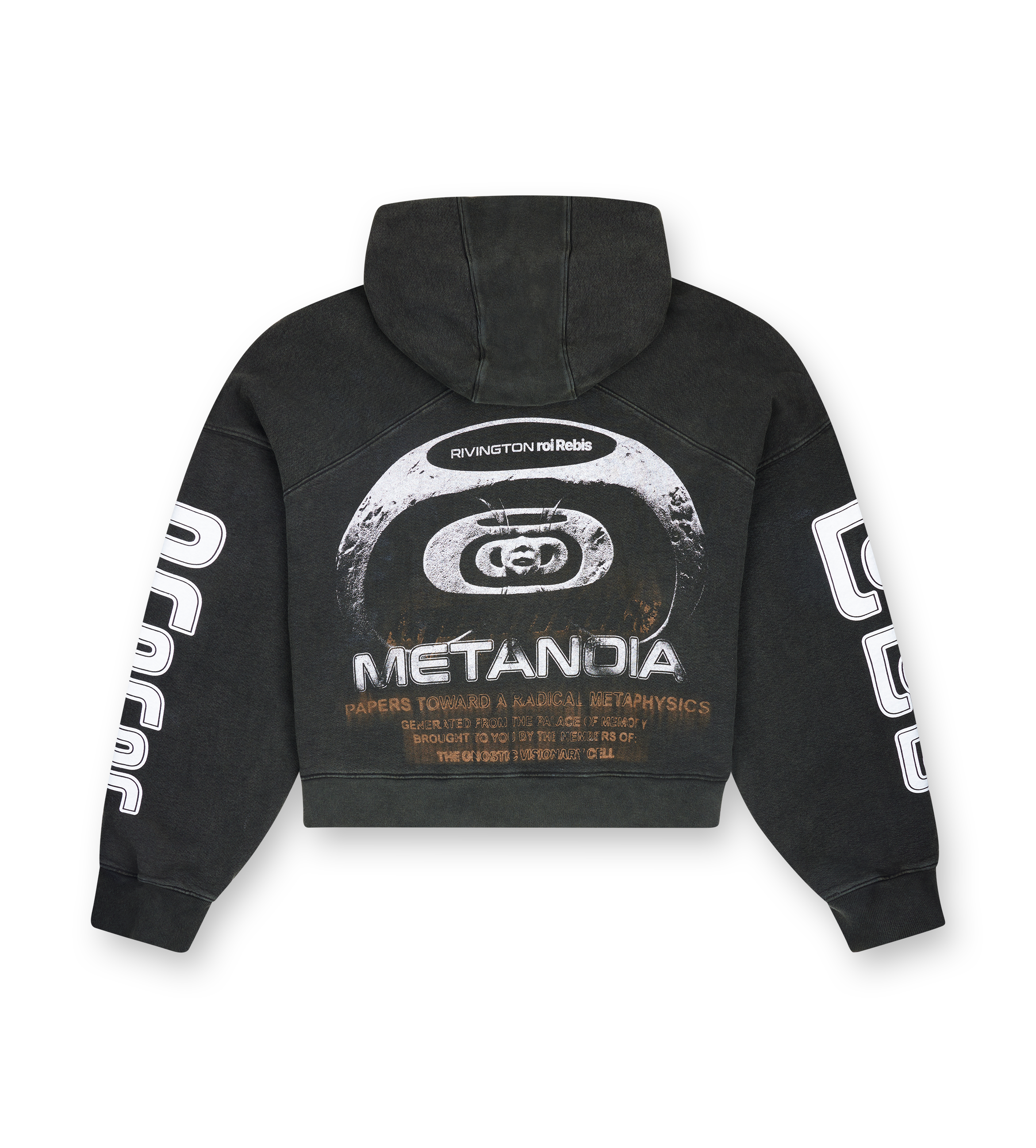 123 Rivington SF Institute CVA Zip Hoodie in Mechanic Black with oversized fit, acrylic screen print and custom Rivington Roi Rebis zipper.