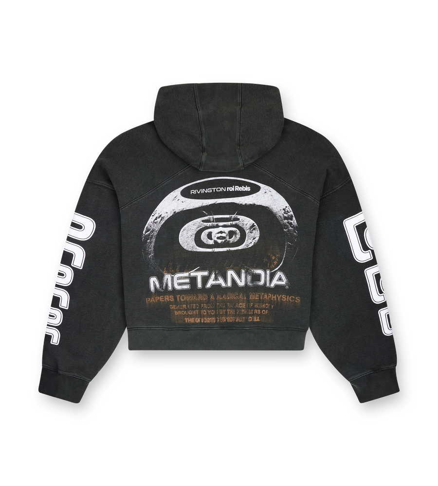 123 Rivington SF Institute CVA Zip Hoodie in Mechanic Black with oversized fit, acrylic screen print and custom Rivington Roi Rebis zipper.