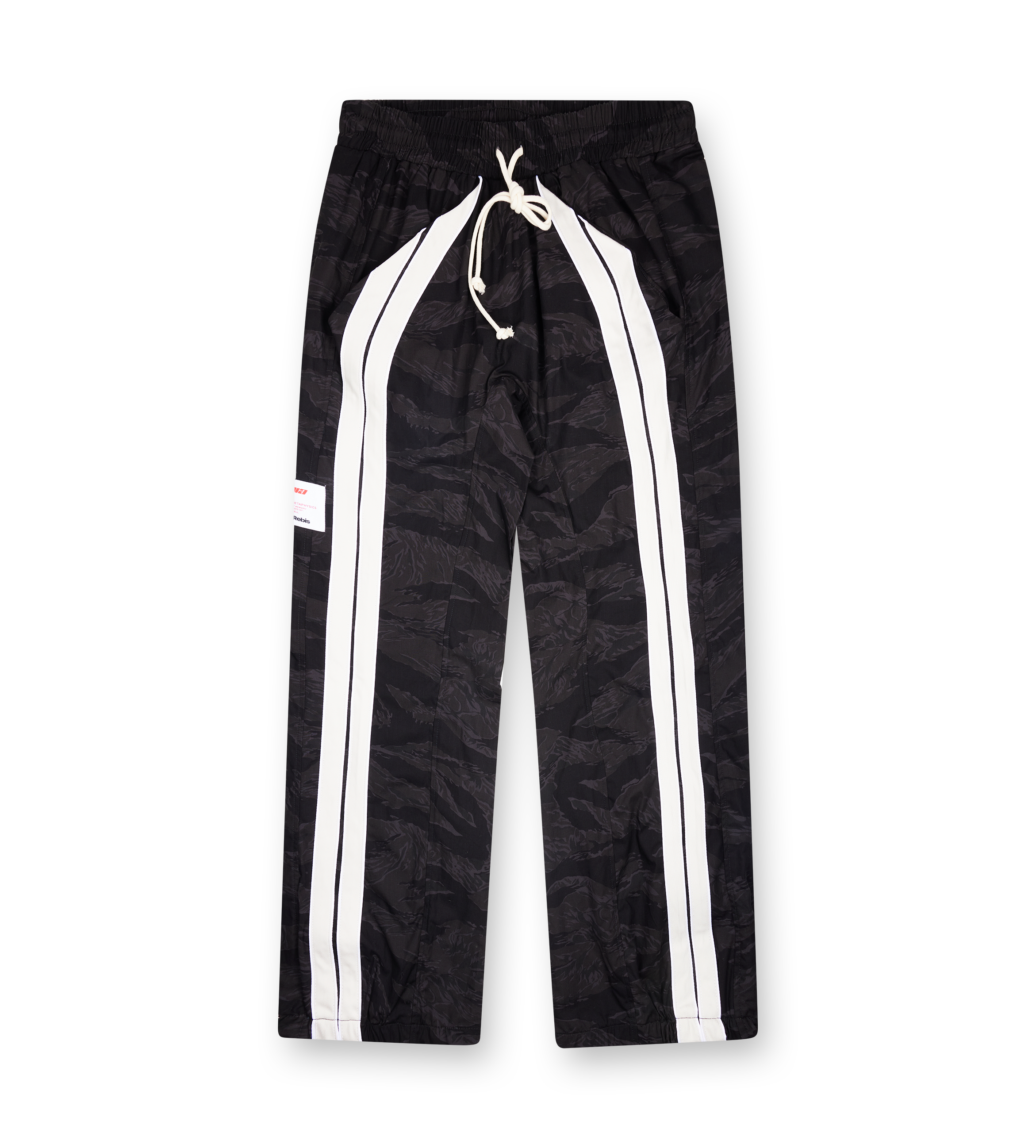 123 Rivington Trappist Penta Pant in black camo with baggy fit, contrast side stripes and drawstring waistband.