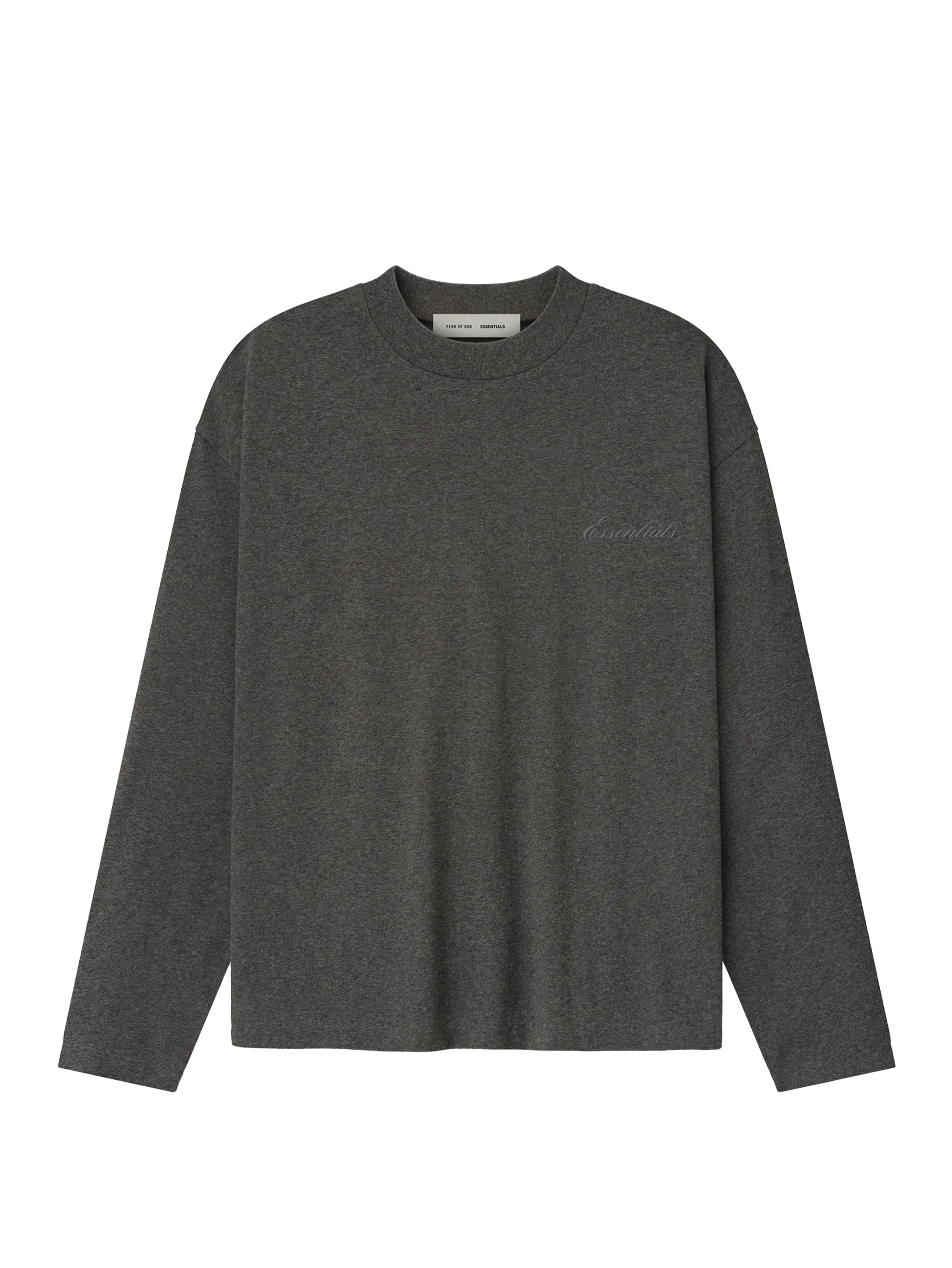 Fear of God Essentials Embroidered Classic Fit Long Sleeve in Charcoal Heather