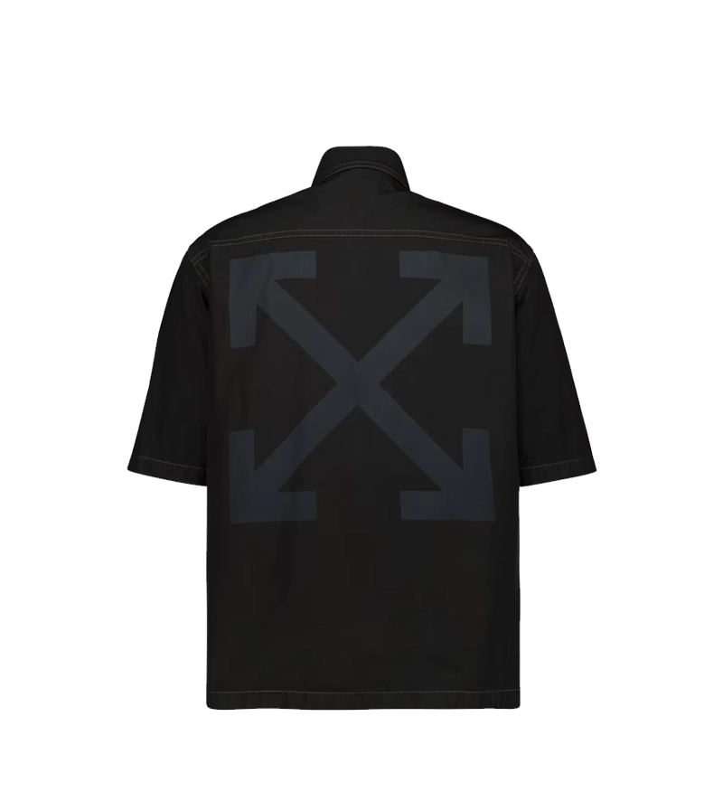 Off-White Short-Sleeve Zip Shirt with Arrow Motif in Black