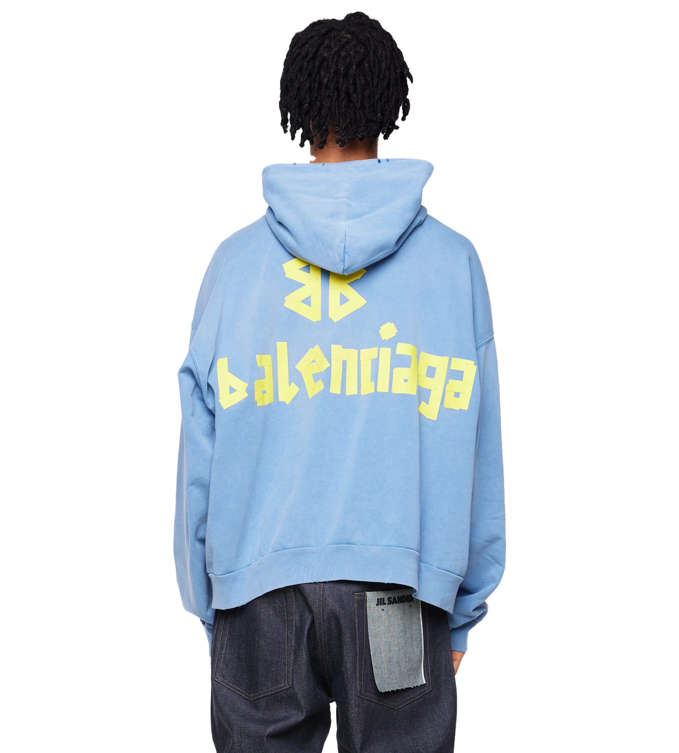 Tape Type Ripped Pocket Hoodie Blue