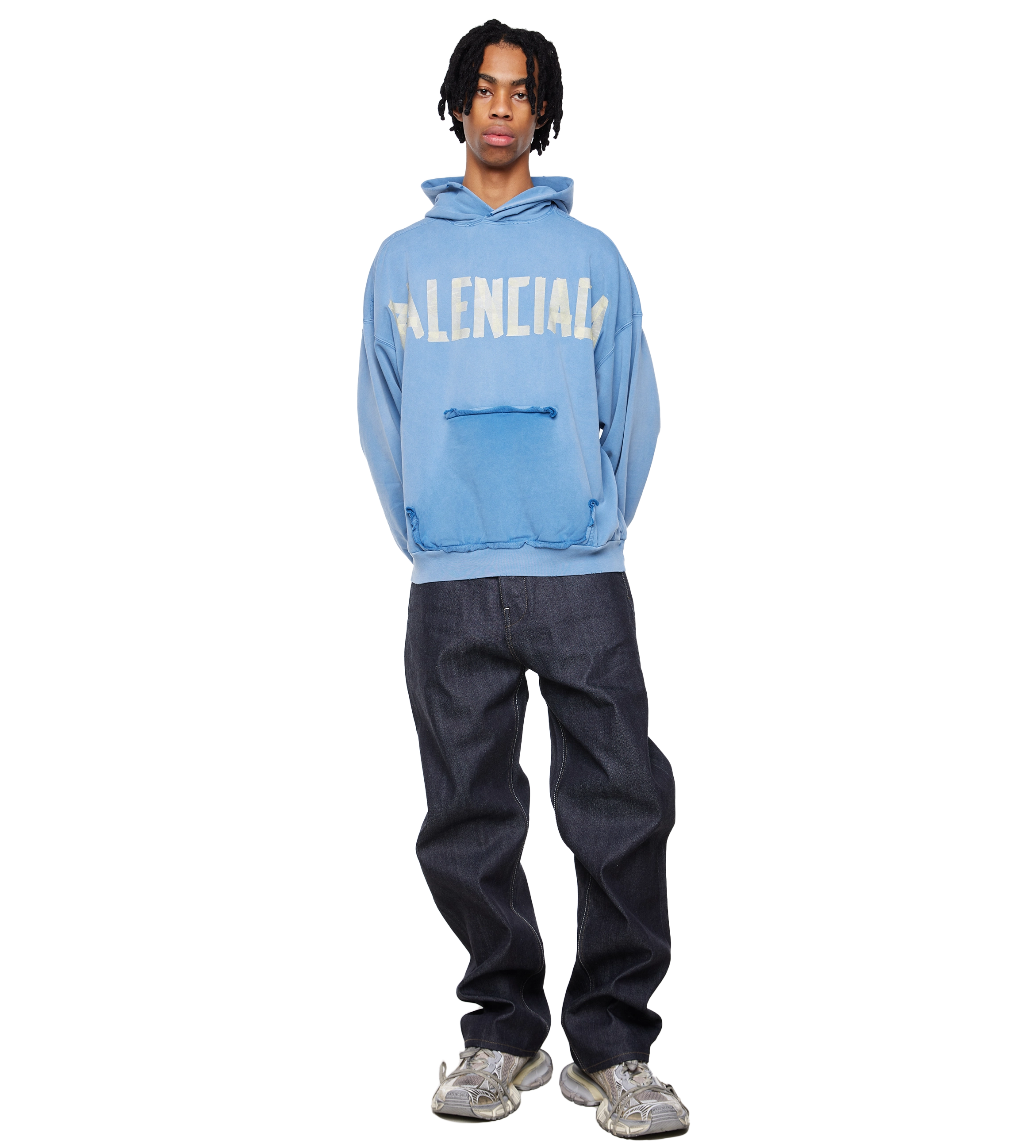 Tape Type Ripped Pocket Hoodie Blue
