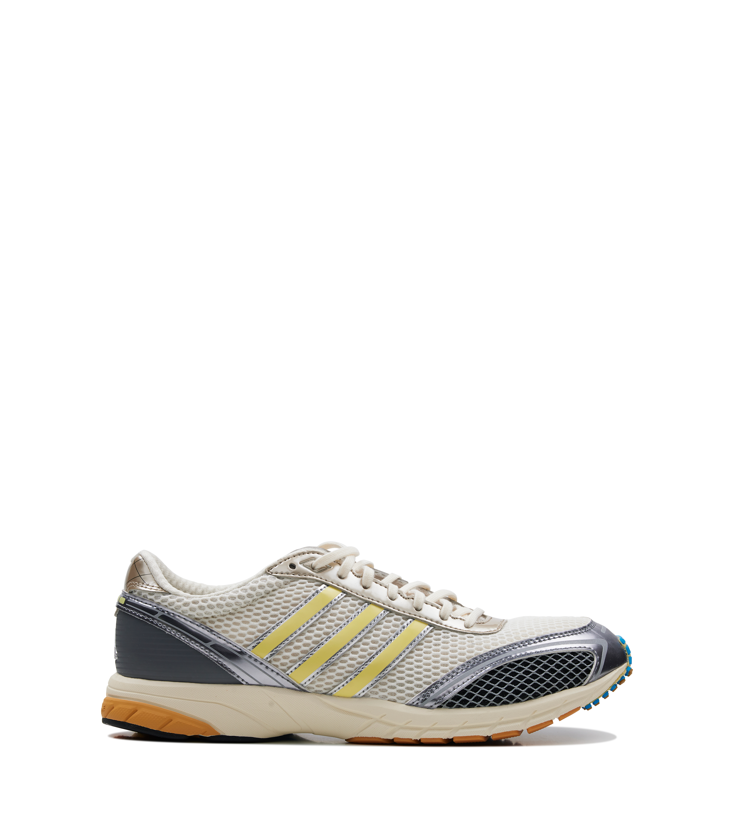 adidas Adizero Adios OG sneakers in alumina, matte silver and iron metallic with leather and textile upper, 3-Stripes design and rubber outsole.