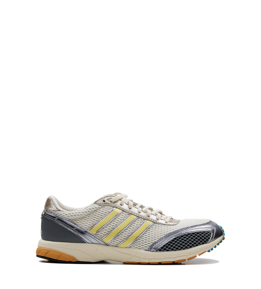 adidas Adizero Adios OG sneakers in alumina, matte silver and iron metallic with leather and textile upper, 3-Stripes design and rubber outsole.