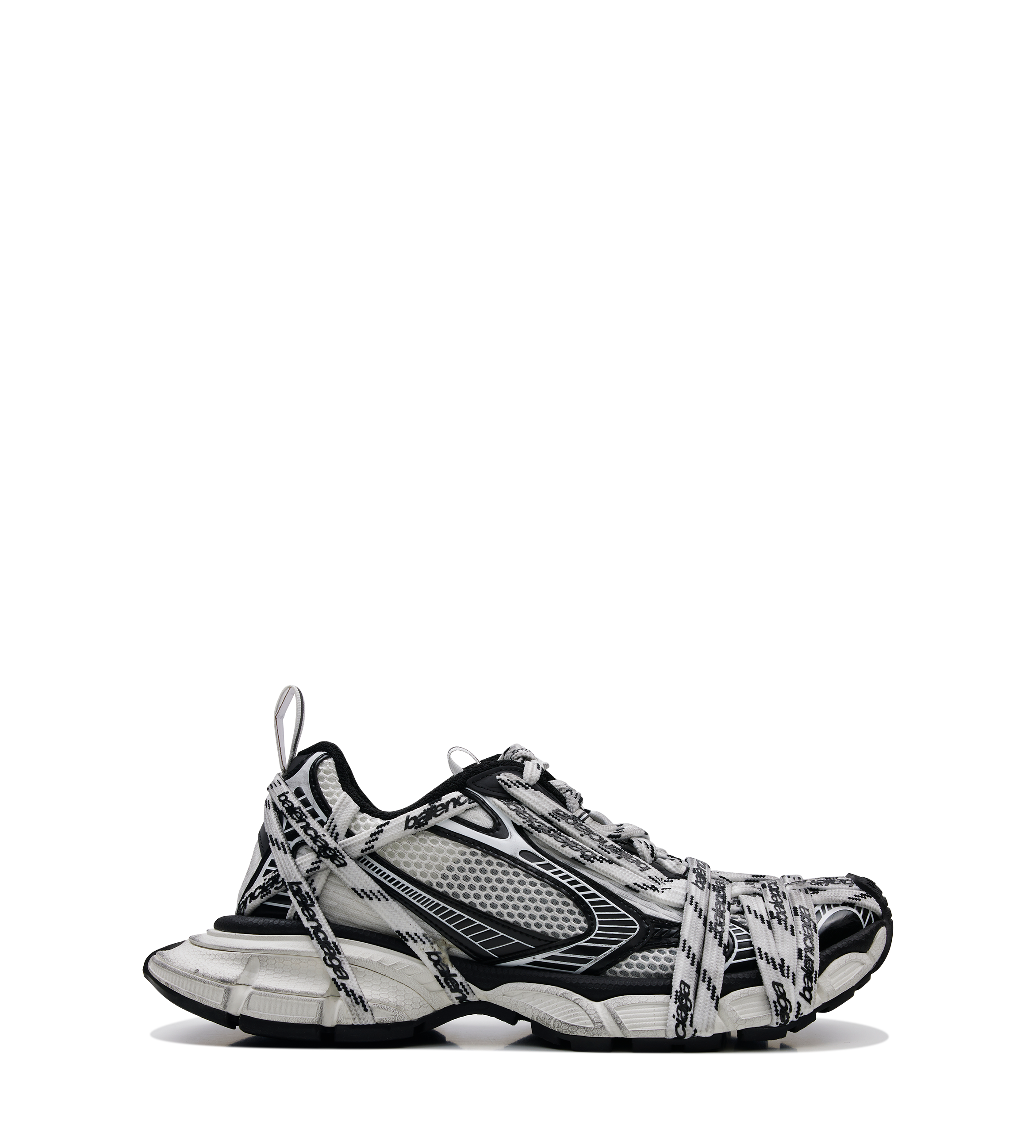 Balenciaga 3XL Extreme Laces Logo Sneaker in white and black with oversized silhouette, worn-out effect, multiple logo laces and reflective pull tabs.