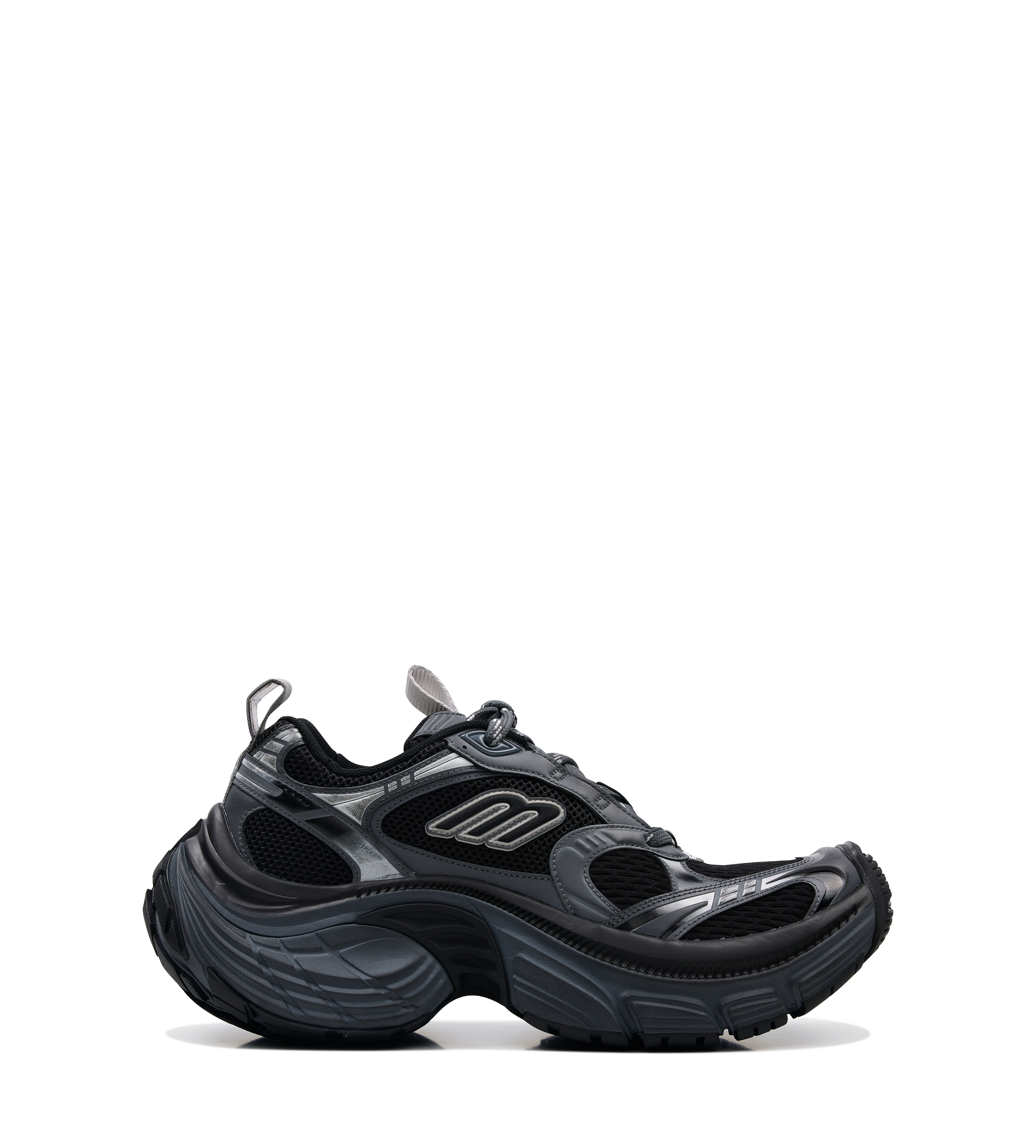 Balenciaga 6XL Sneaker in black and grey mesh with oversized silhouette, worn-out effect, 3B sports icon and embroidered size at heel.