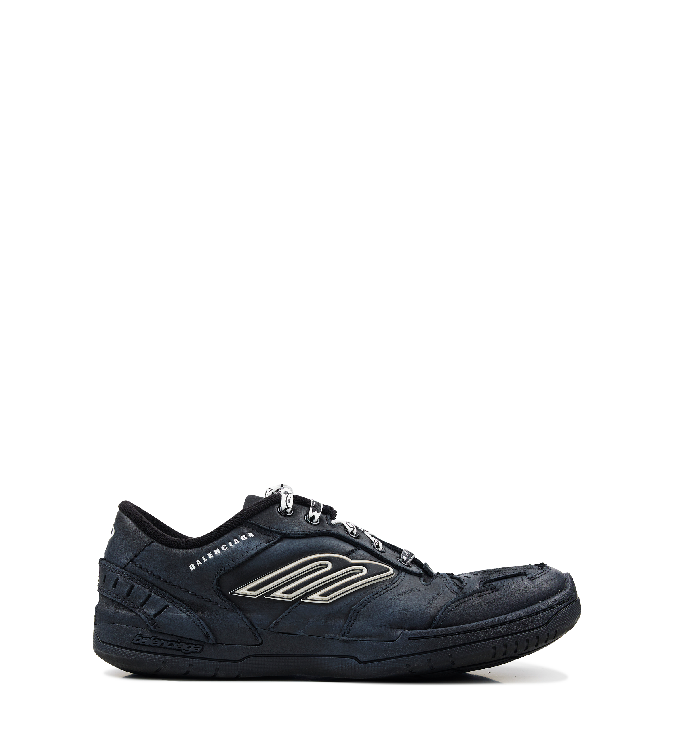 Balenciaga Men’s Hamptons Worn-Out Sneaker in black suede and polyester with distressed finish, scribbled laces and embossed branding.