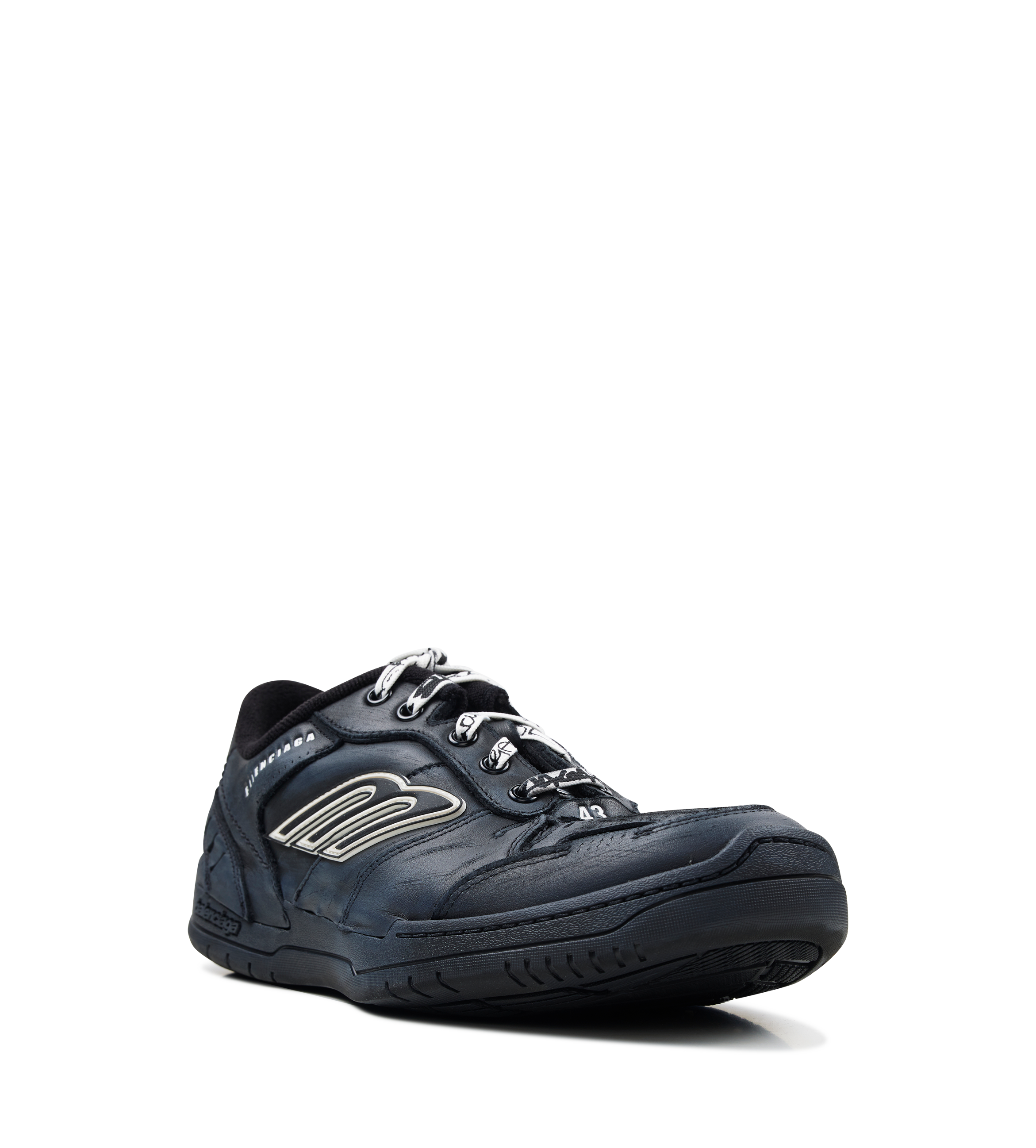 Balenciaga Men’s Hamptons Worn-Out Sneaker in black suede and polyester with distressed finish, scribbled laces and embossed branding.
