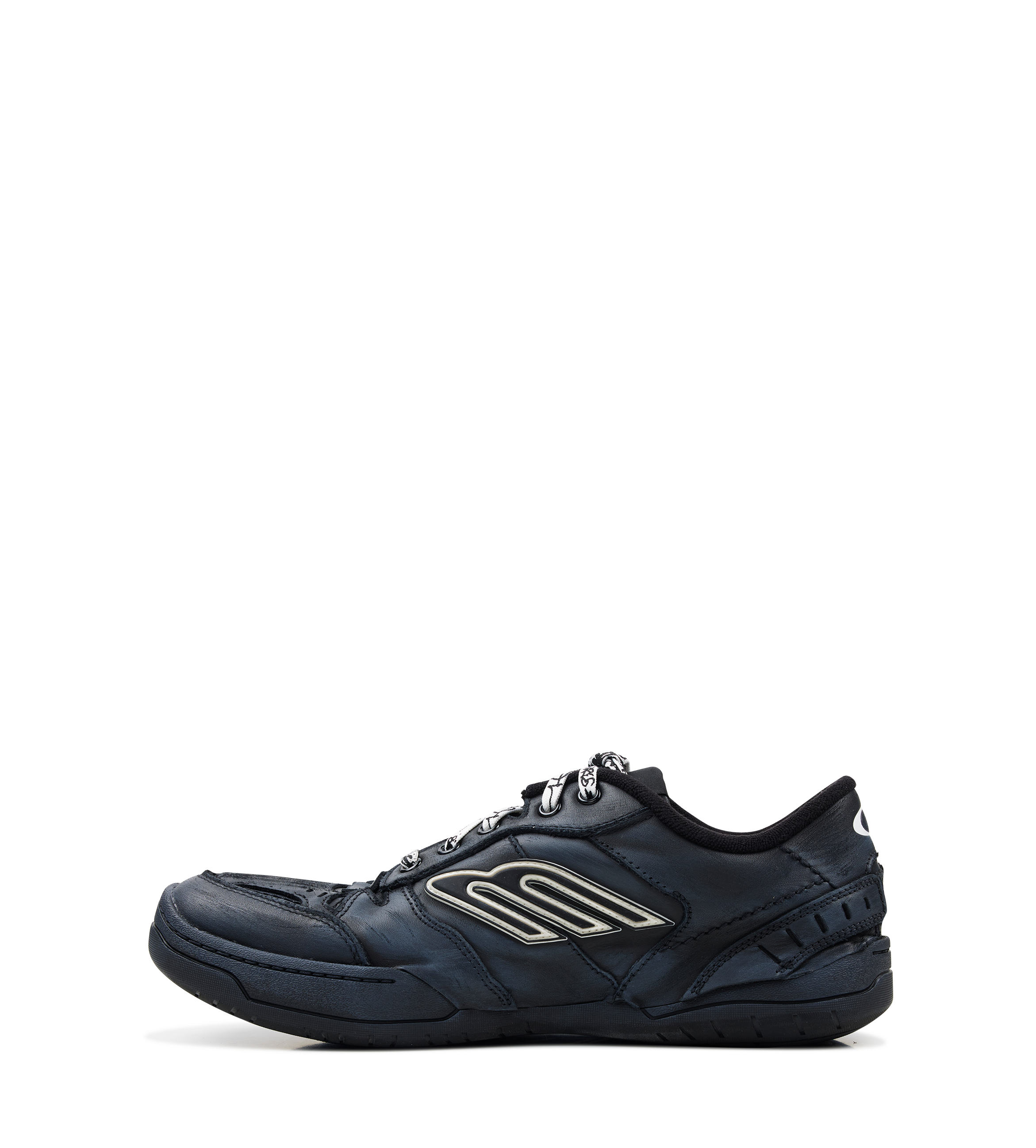 Balenciaga Men’s Hamptons Worn-Out Sneaker in black suede and polyester with distressed finish, scribbled laces and embossed branding.