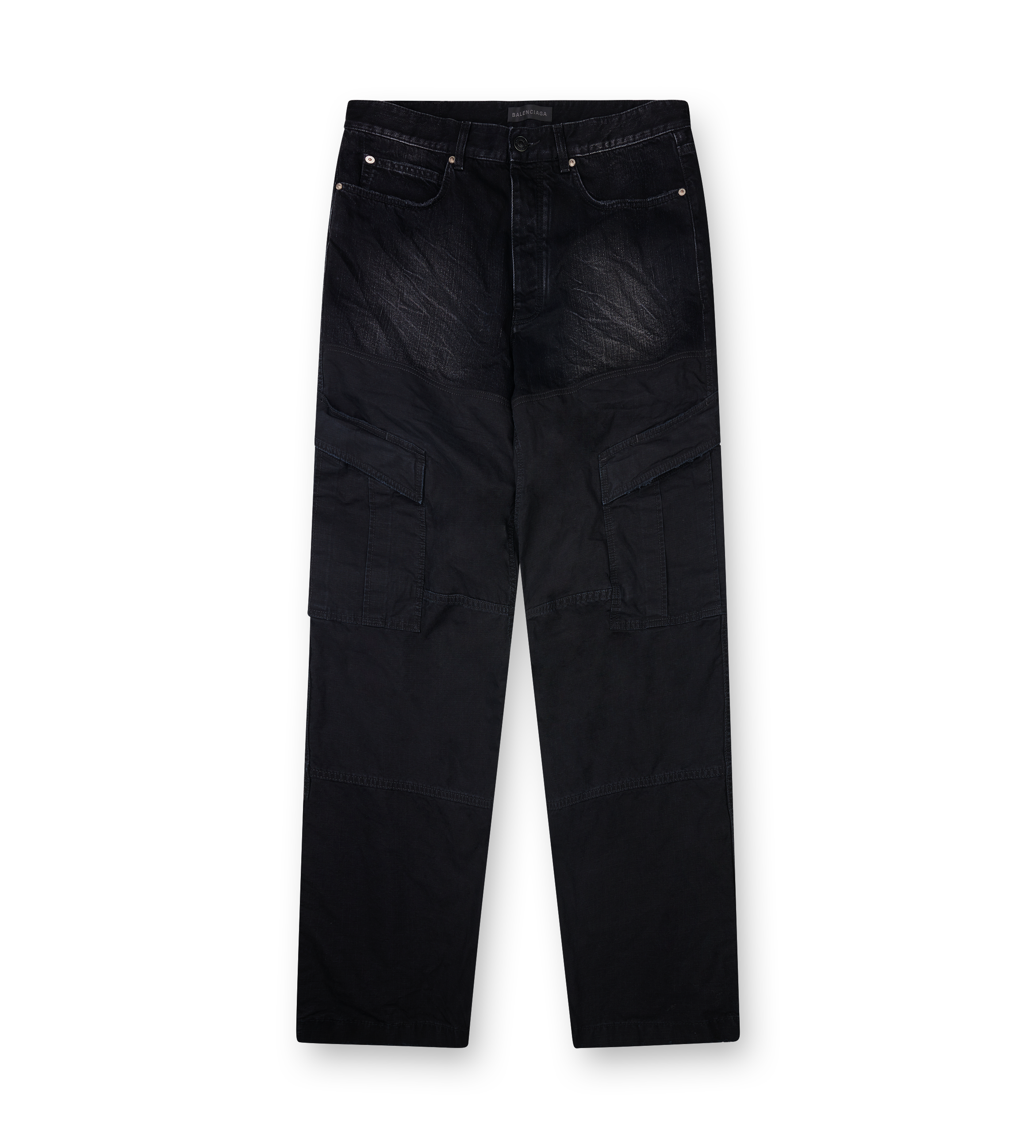 Balenciaga FW25 patched pants in black fade-out with paneled construction, cargo pockets and straight leg fit